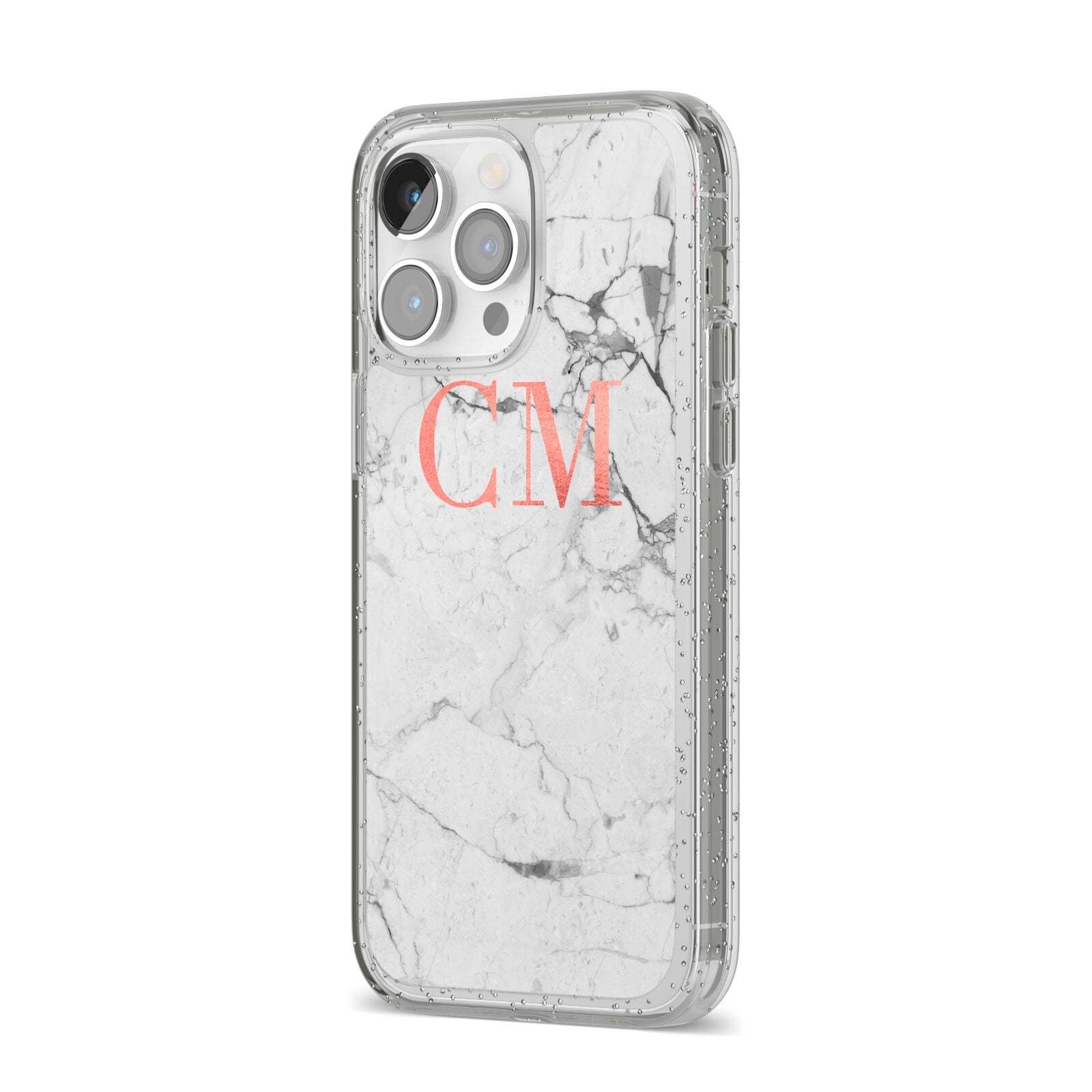 Personalised Marble Initial Rose Gold iPhone 14 Pro Max Glitter Tough Case Silver Angled Image