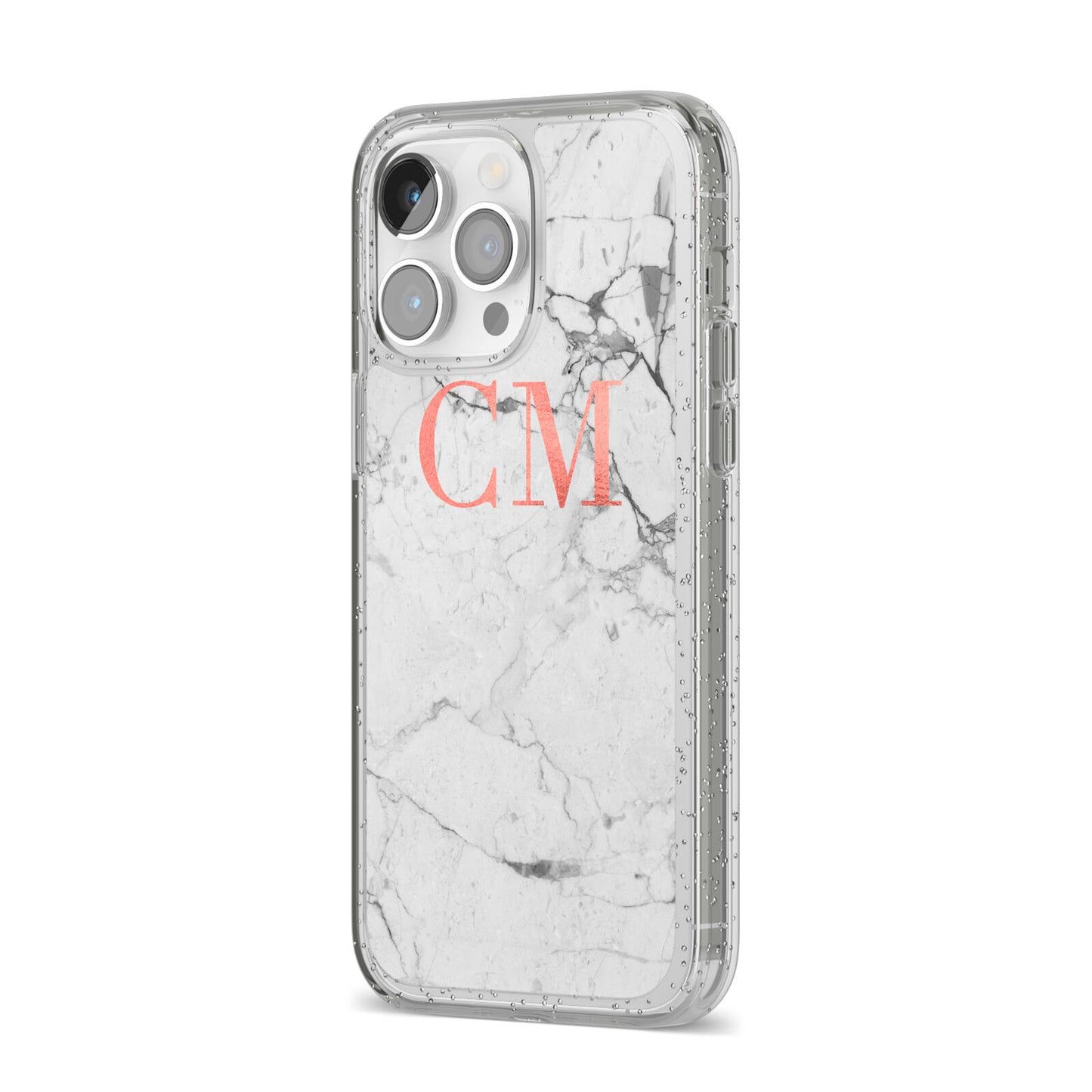 Personalised Marble Initial Rose Gold iPhone 14 Pro Max Glitter Tough Case Silver Angled Image