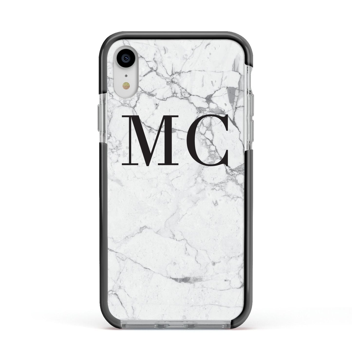 Personalised Marble Initials Apple iPhone XR Impact Case Black Edge on Silver Phone