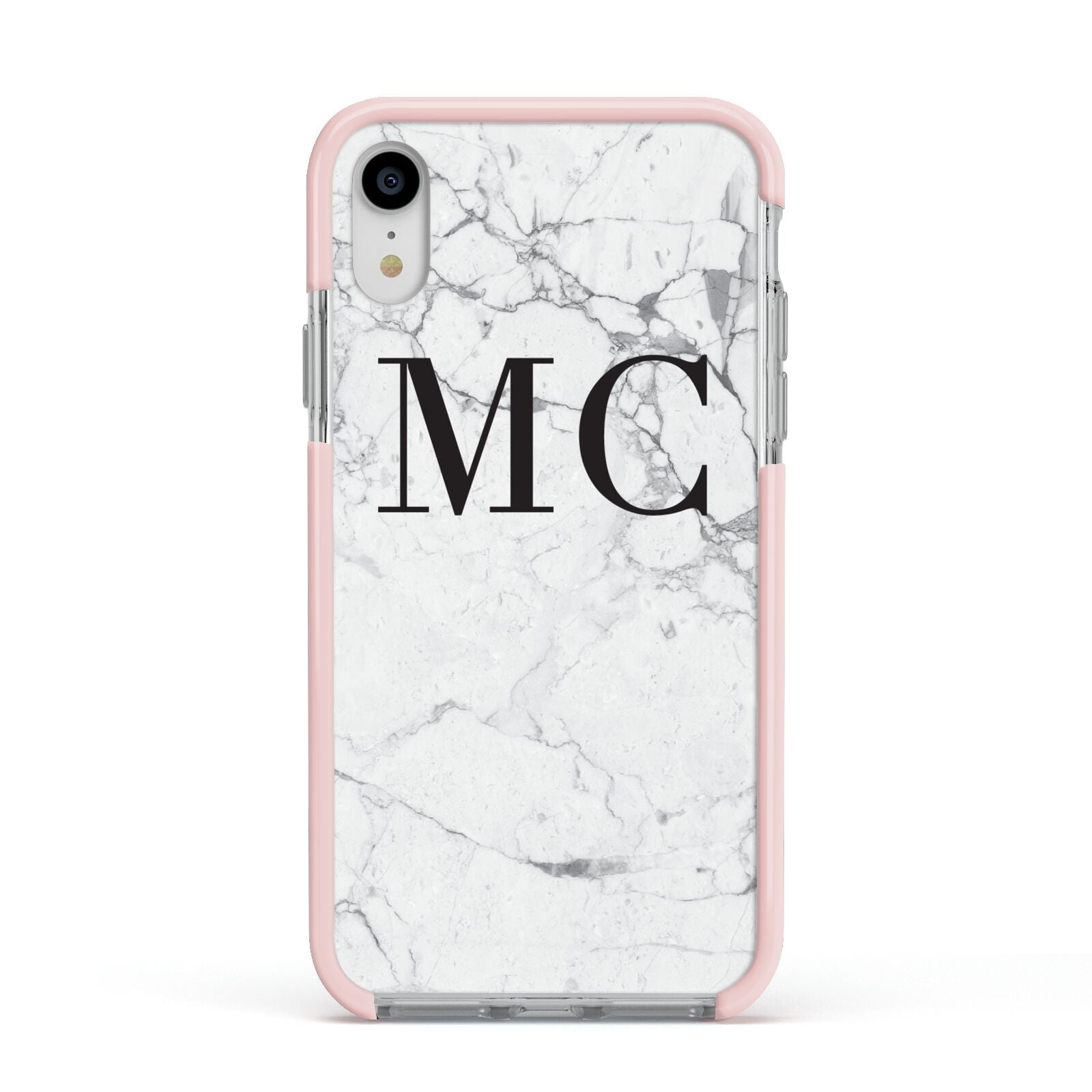 Personalised Marble Initials Apple iPhone XR Impact Case Pink Edge on Silver Phone