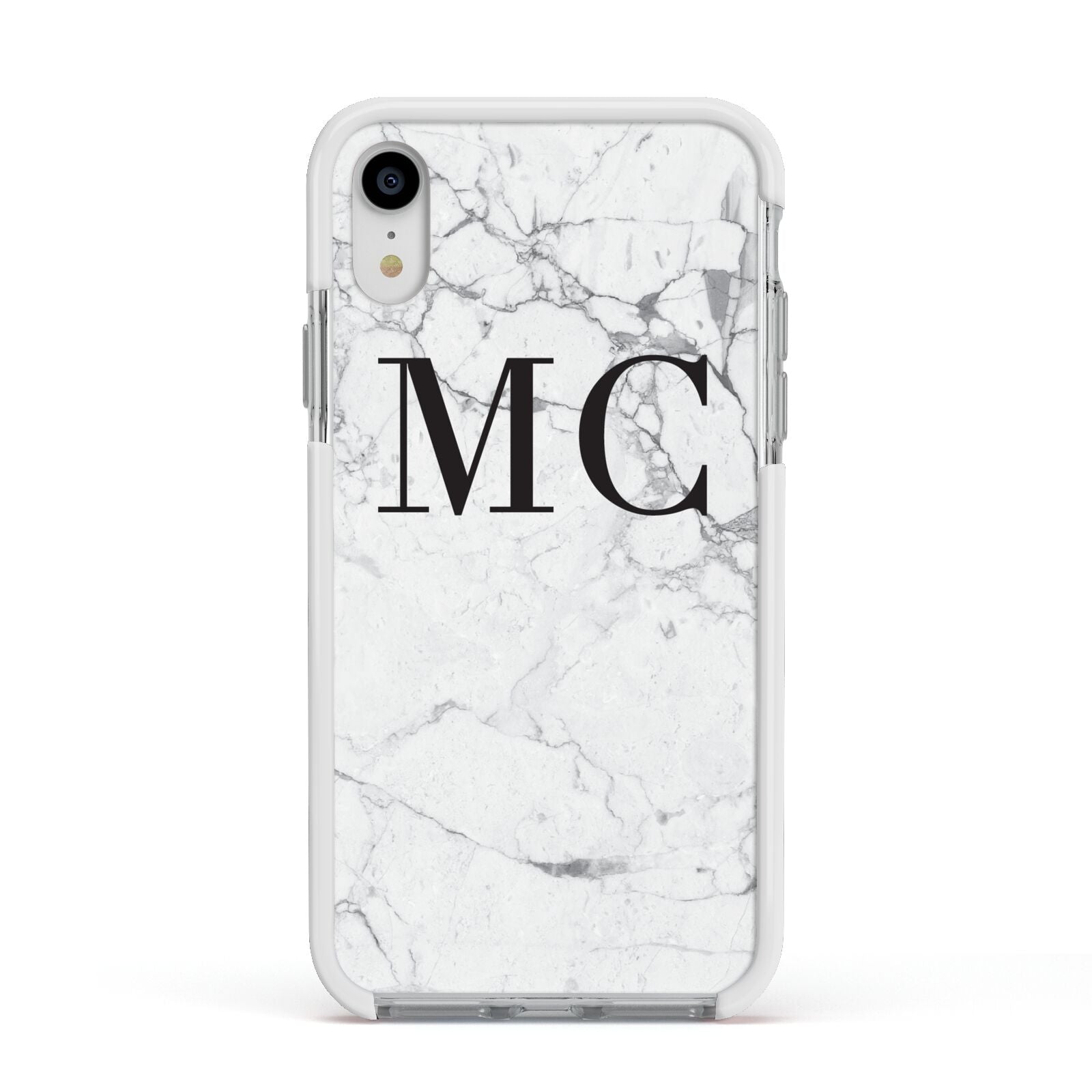 Personalised Marble Initials Apple iPhone XR Impact Case White Edge on Silver Phone