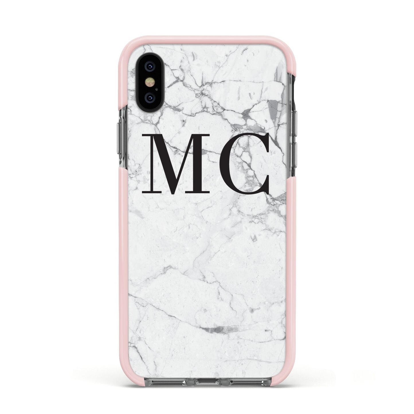 Personalised Marble Initials Apple iPhone Xs Impact Case Pink Edge on Black Phone