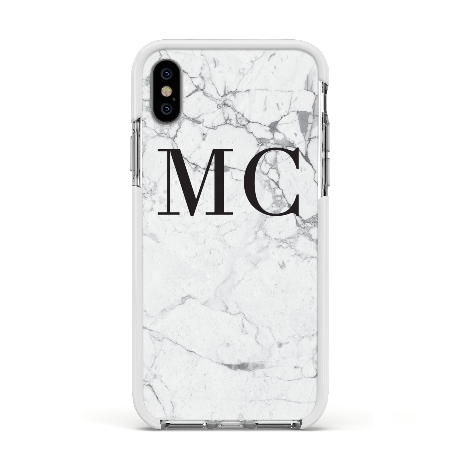 Personalised Marble Initials Apple iPhone Xs Impact Case White Edge on Silver Phone
