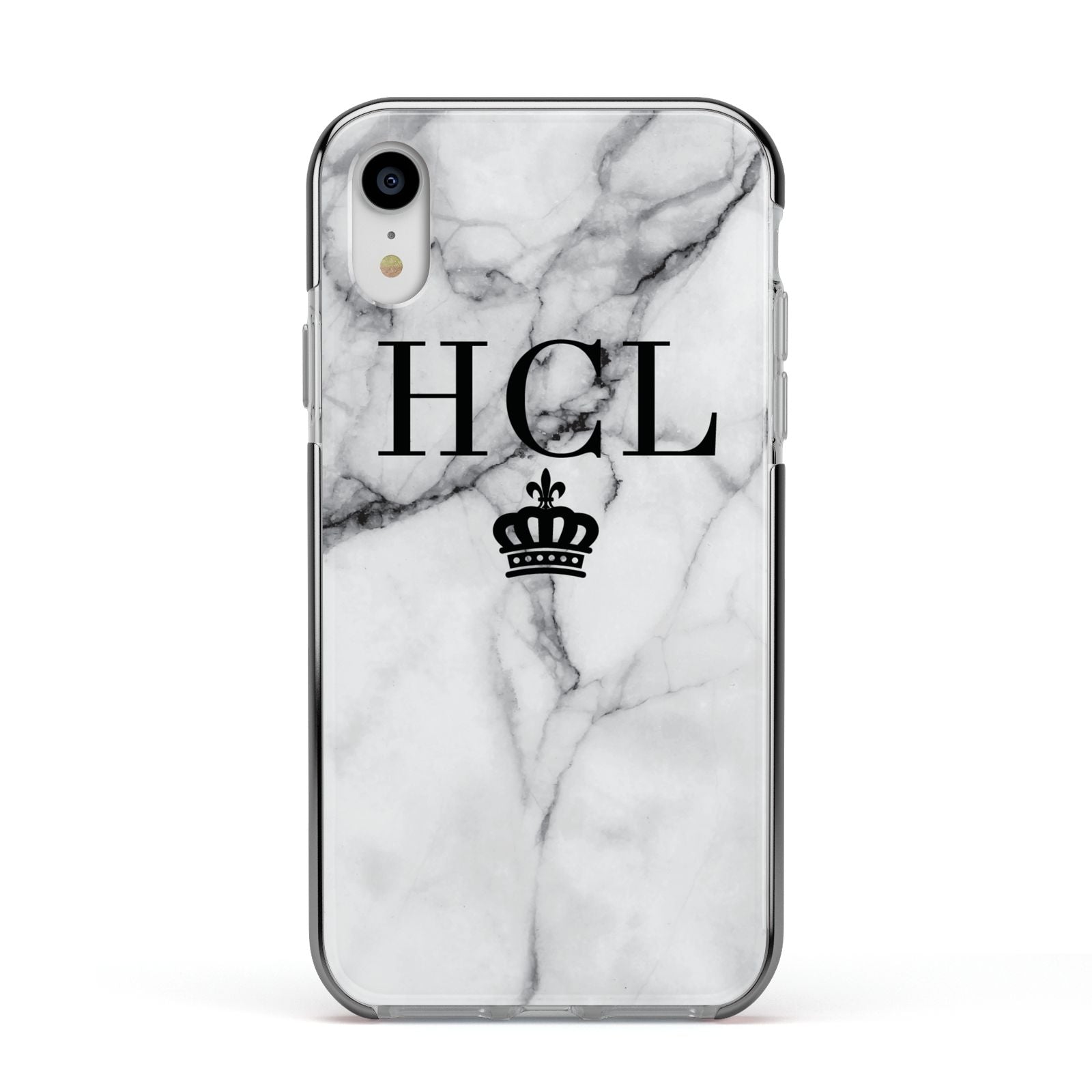Personalised Marble Initials Crown Custom Apple iPhone XR Impact Case Black Edge on Silver Phone