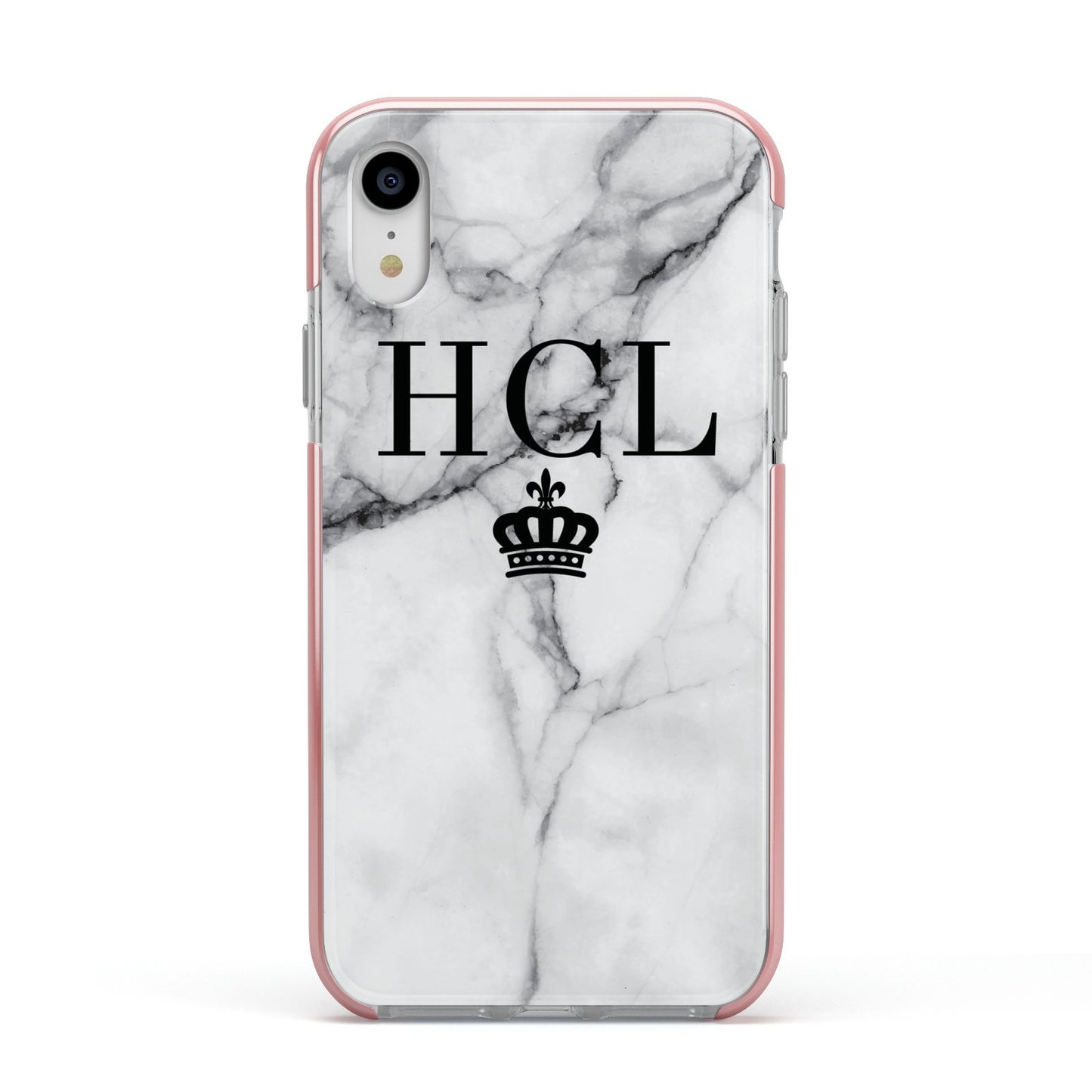 Personalised Marble Initials Crown Custom Apple iPhone XR Impact Case Pink Edge on Silver Phone