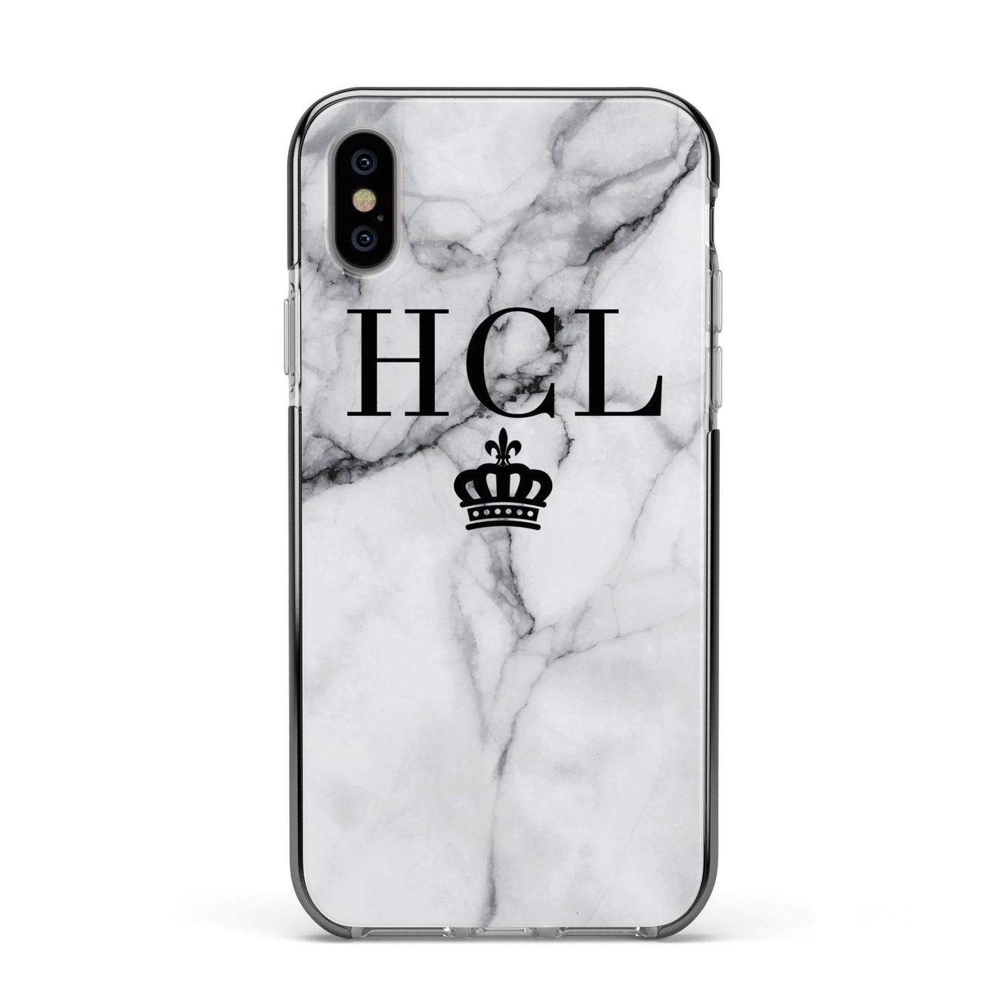 Personalised Marble Initials Crown Custom Apple iPhone Xs Impact Case Black Edge on Silver Phone