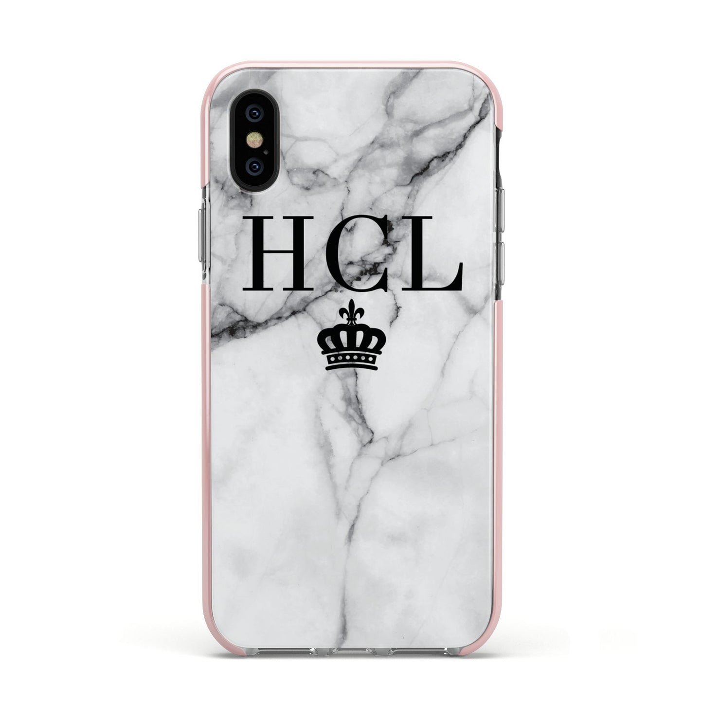 Personalised Marble Initials Crown Custom Apple iPhone Xs Impact Case Pink Edge on Black Phone