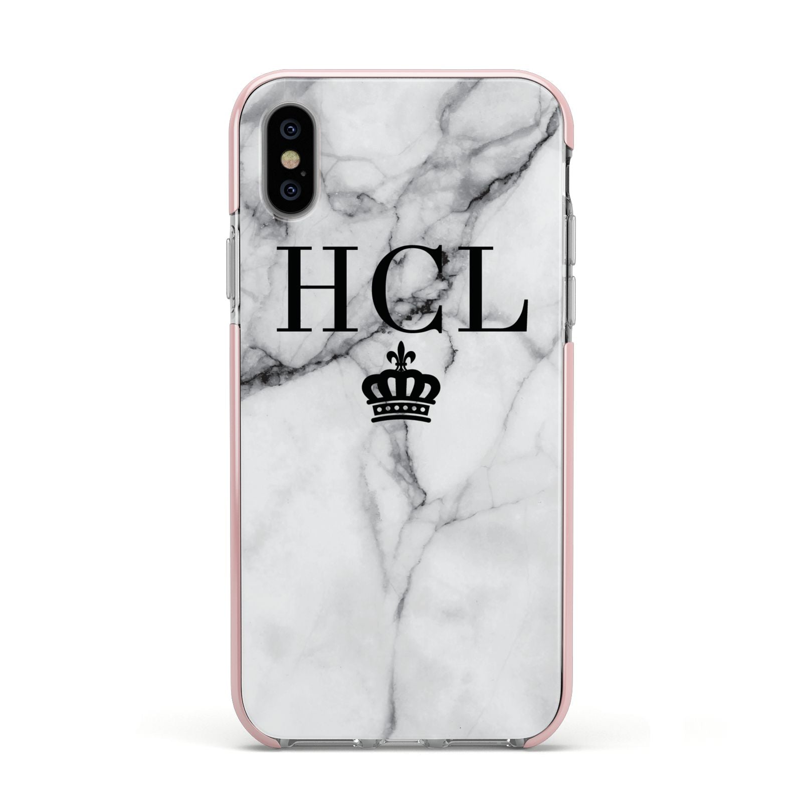 Personalised Marble Initials Crown Custom Apple iPhone Xs Impact Case Pink Edge on Silver Phone