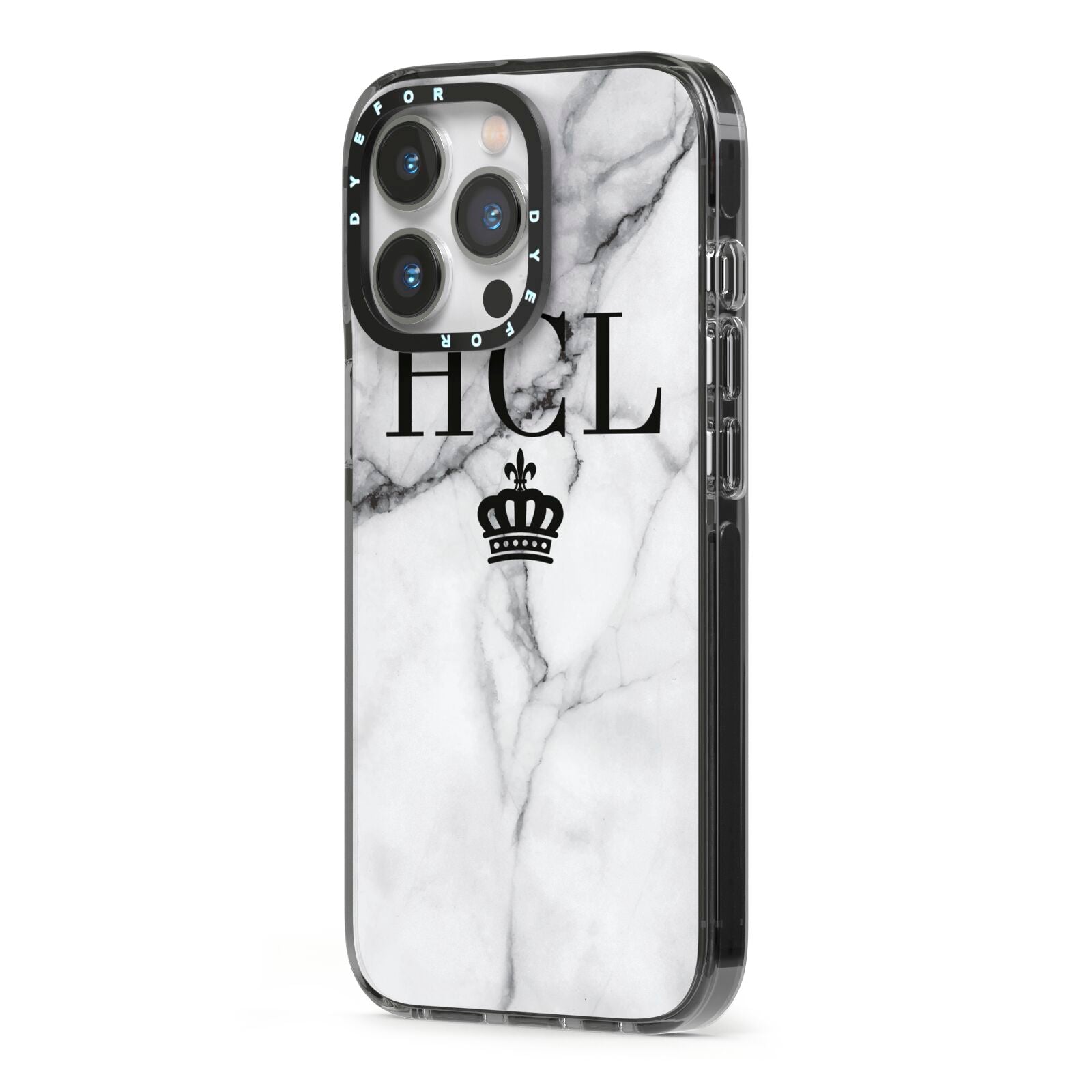 Personalised Marble Initials Crown Custom iPhone 13 Pro Black Impact Case Side Angle on Silver phone