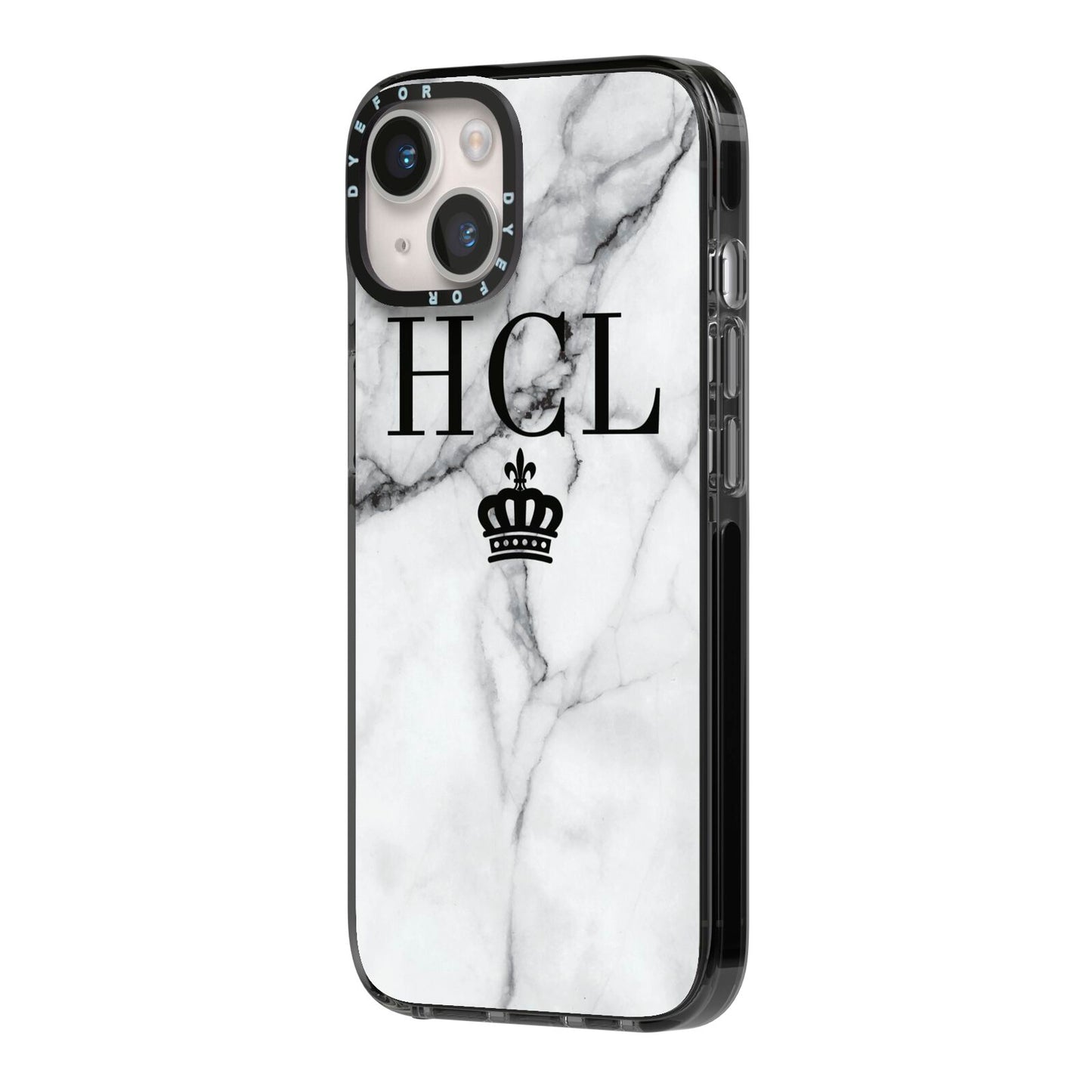 Personalised Marble Initials Crown Custom iPhone 14 Black Impact Case Side Angle on Silver phone