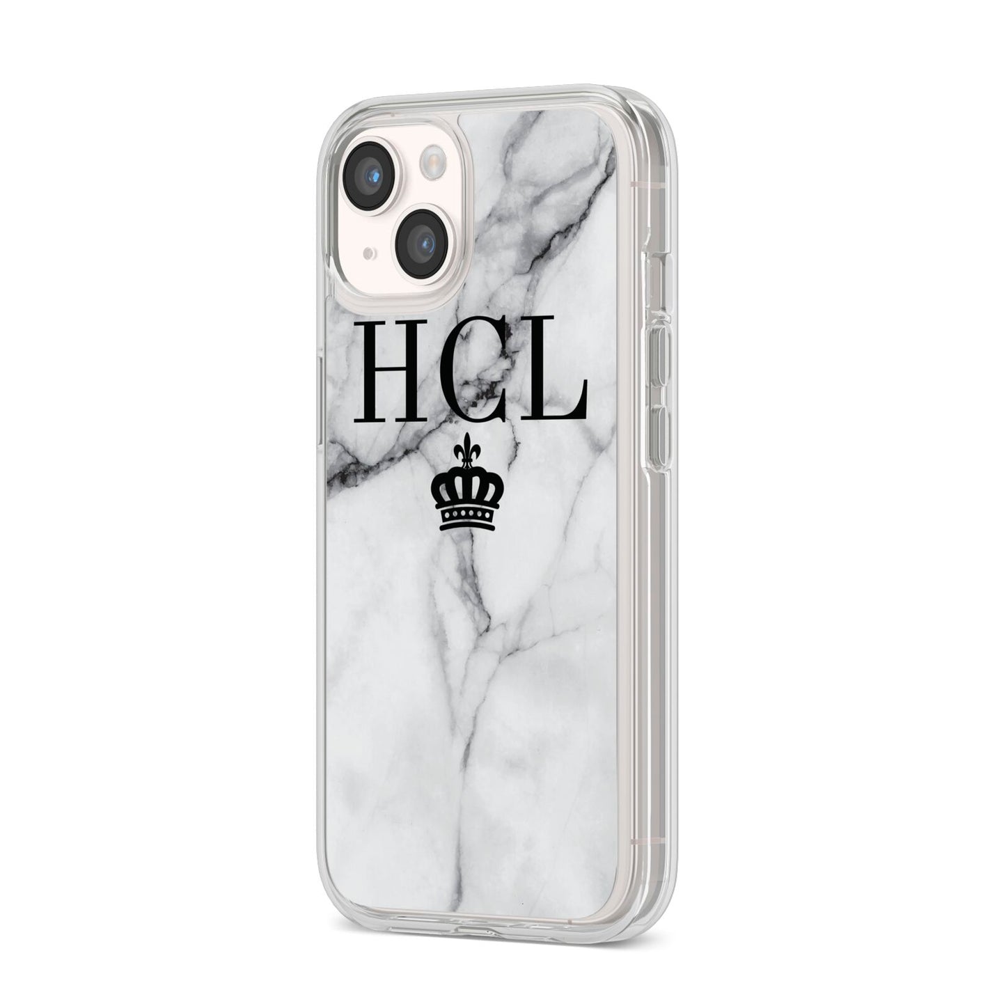 Personalised Marble Initials Crown Custom iPhone 14 Clear Tough Case Starlight Angled Image