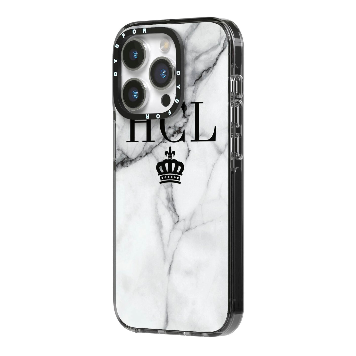 Personalised Marble Initials Crown Custom iPhone 14 Pro Black Impact Case Side Angle on Silver phone