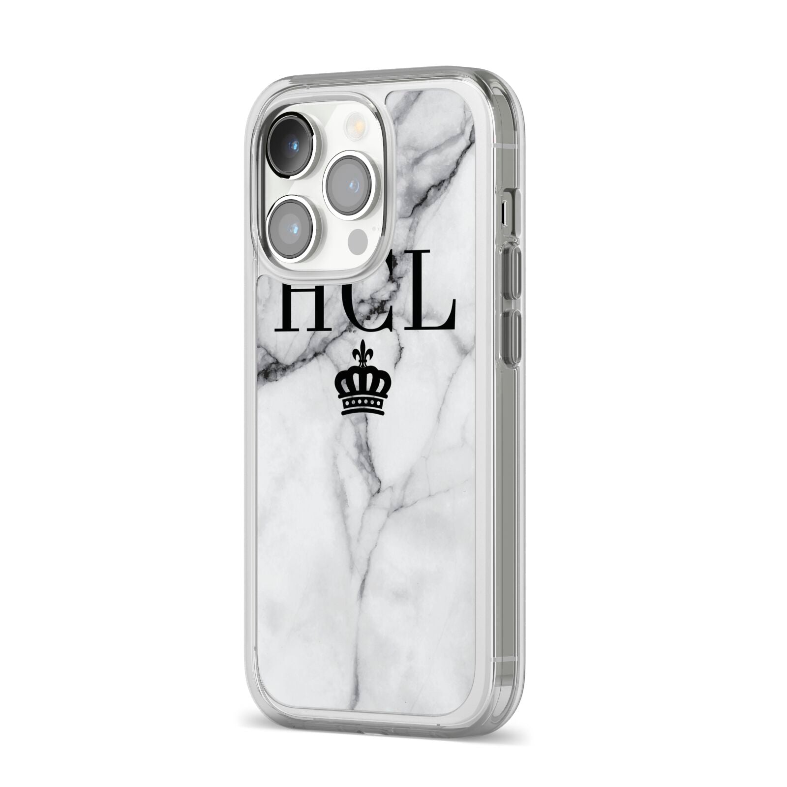 Personalised Marble Initials Crown Custom iPhone 14 Pro Clear Tough Case Silver Angled Image
