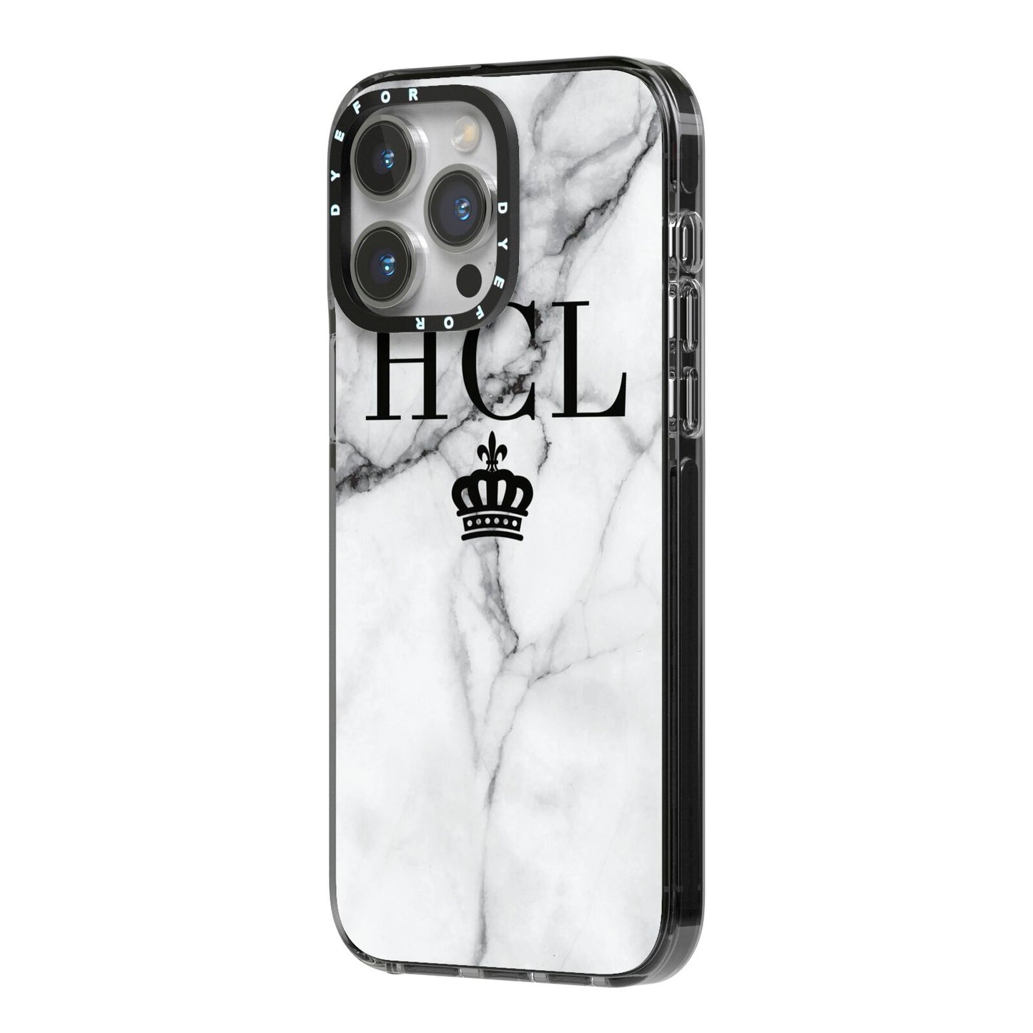 Personalised Marble Initials Crown Custom iPhone 14 Pro Max Black Impact Case Side Angle on Silver phone