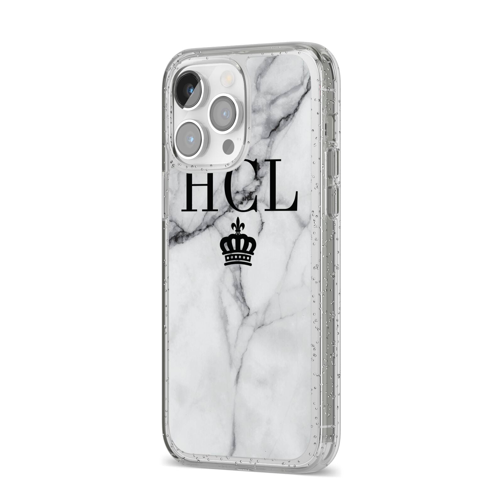 Personalised Marble Initials Crown Custom iPhone 14 Pro Max Glitter Tough Case Silver Angled Image