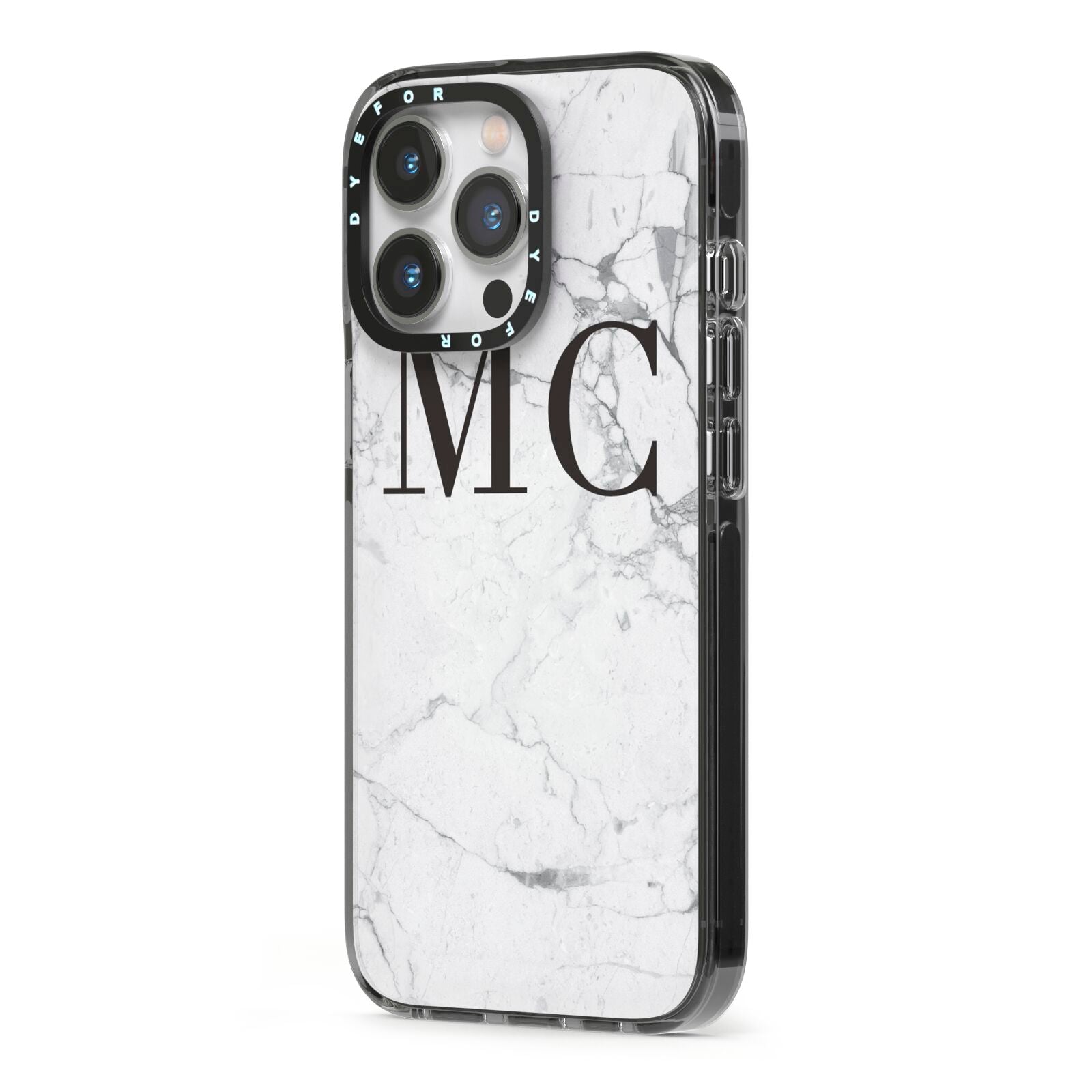Personalised Marble Initials iPhone 13 Pro Black Impact Case Side Angle on Silver phone