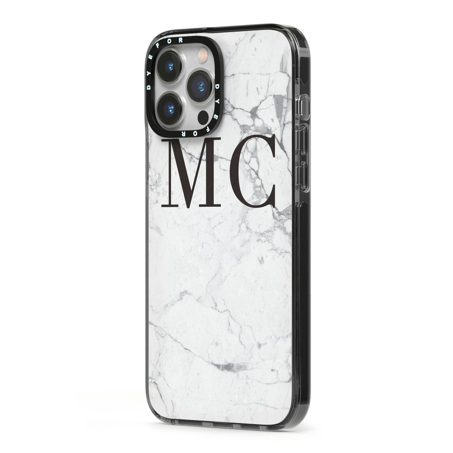 Personalised Marble Initials iPhone 13 Pro Max Black Impact Case Side Angle on Silver phone