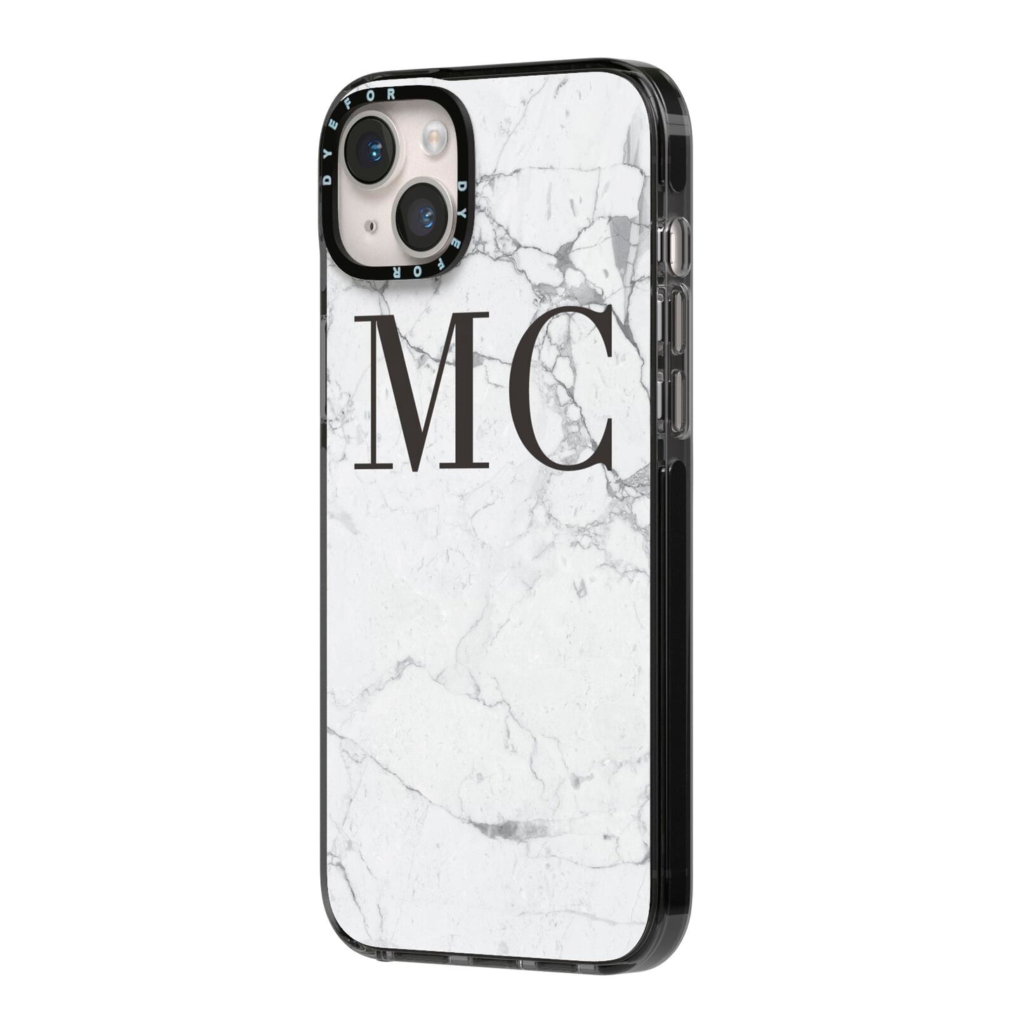 Personalised Marble Initials iPhone 14 Plus Black Impact Case Side Angle on Silver phone