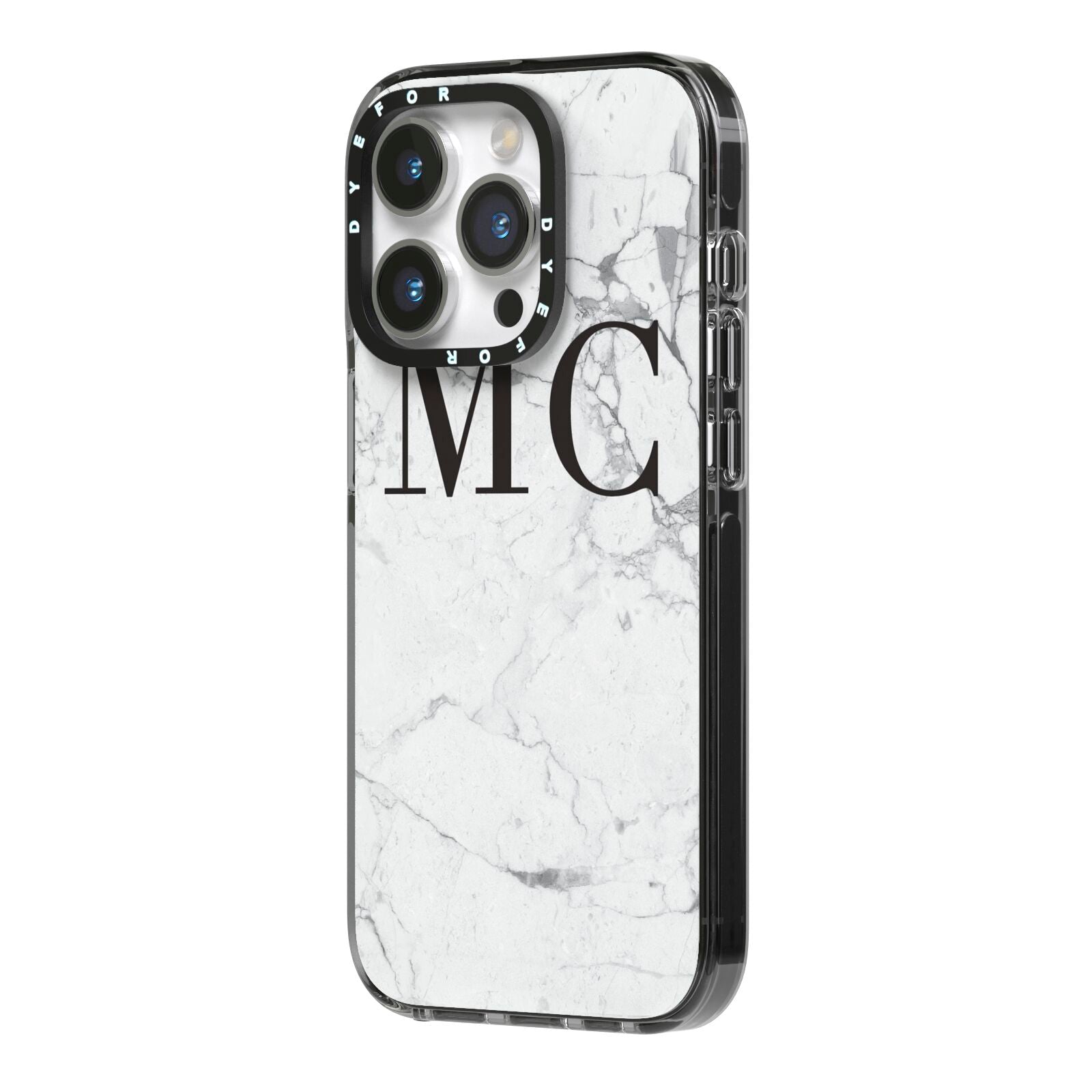 Personalised Marble Initials iPhone 14 Pro Black Impact Case Side Angle on Silver phone