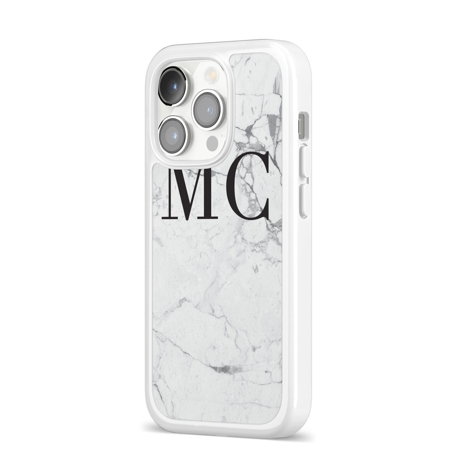 Personalised Marble Initials iPhone 14 Pro Clear Tough Case Silver Angled Image