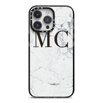 Personalised Marble Initials iPhone 14 Pro Max Black Impact Case on Silver phone