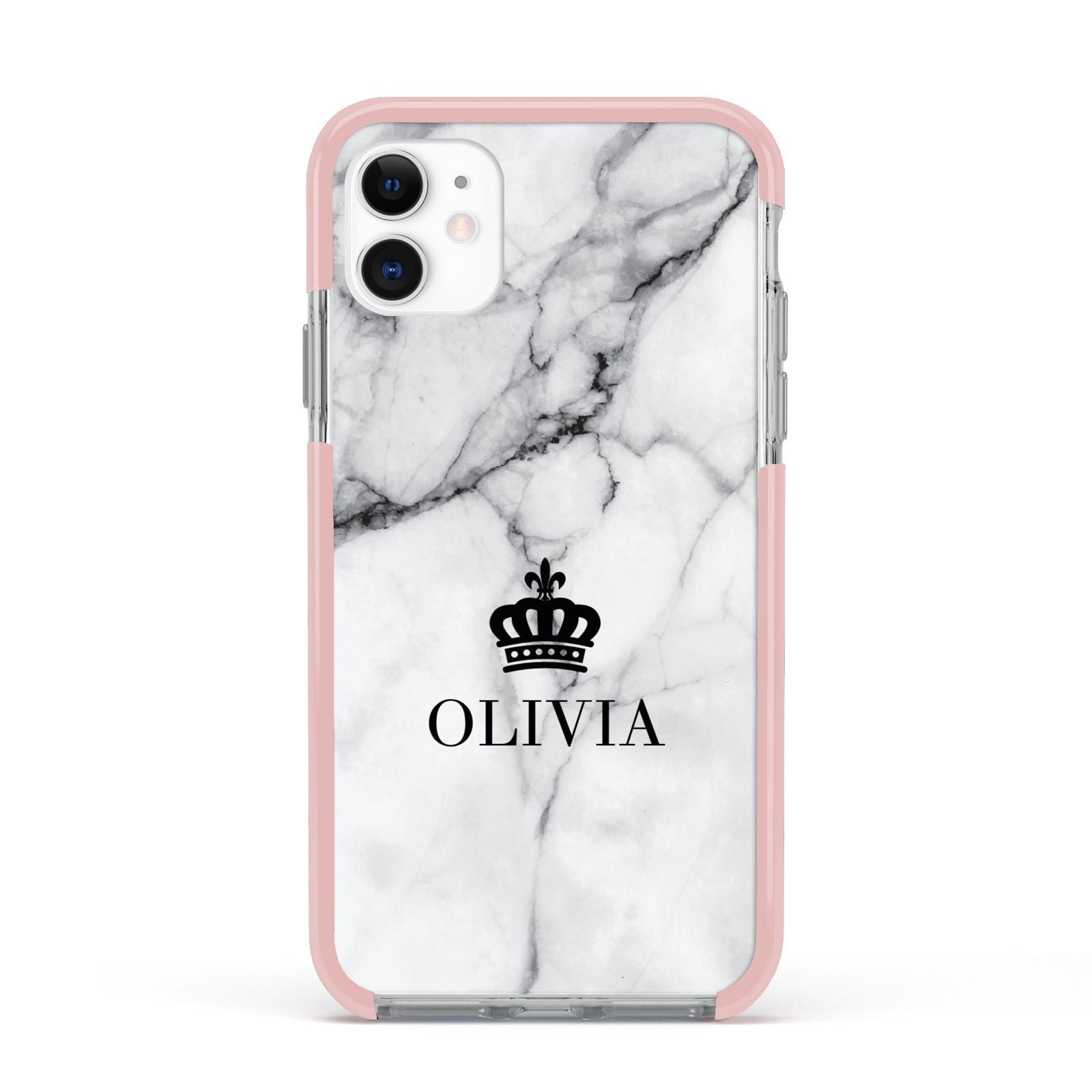 Personalised Marble Name Crown Apple iPhone 11 in White with Pink Impact Case
