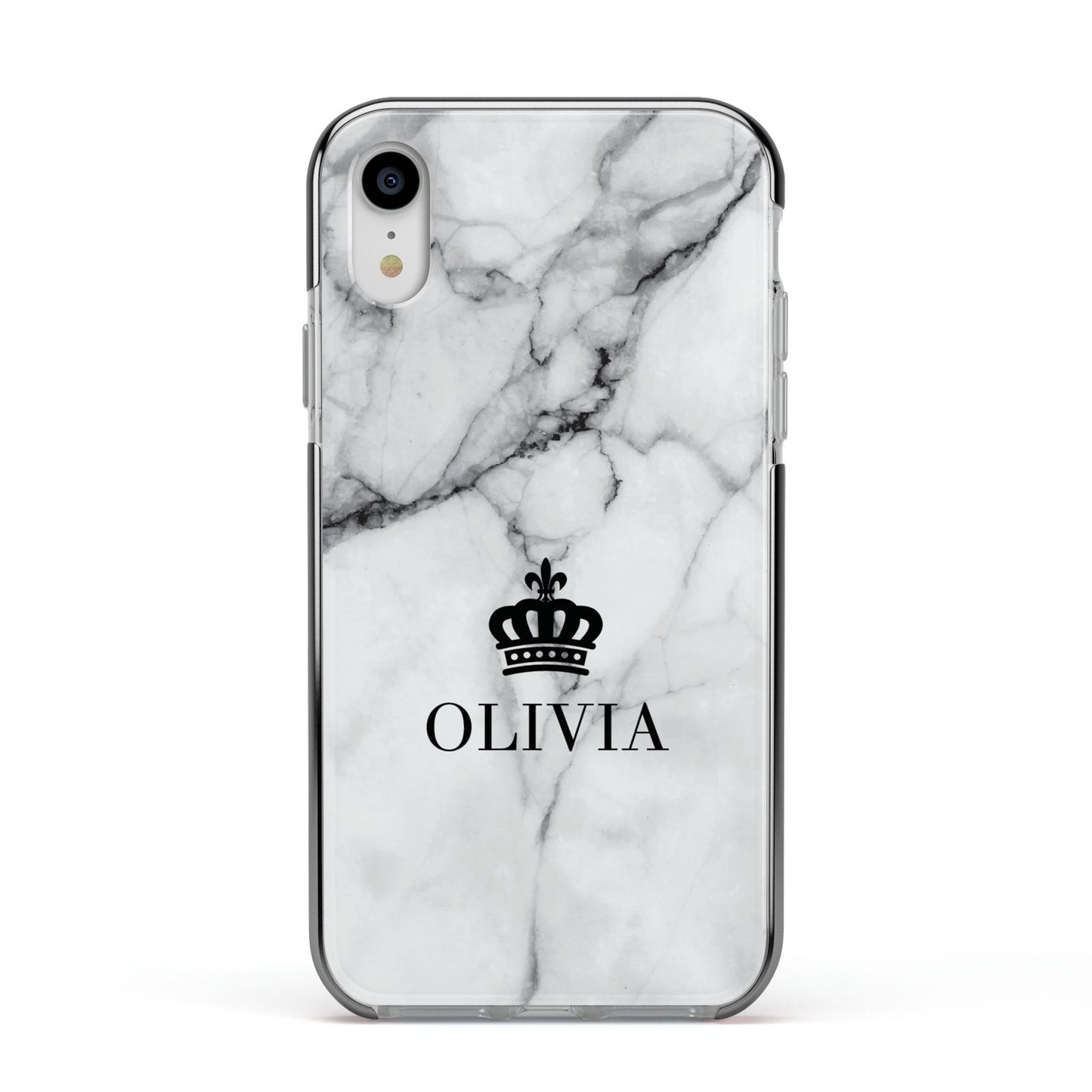 Personalised Marble Name Crown Apple iPhone XR Impact Case Black Edge on Silver Phone
