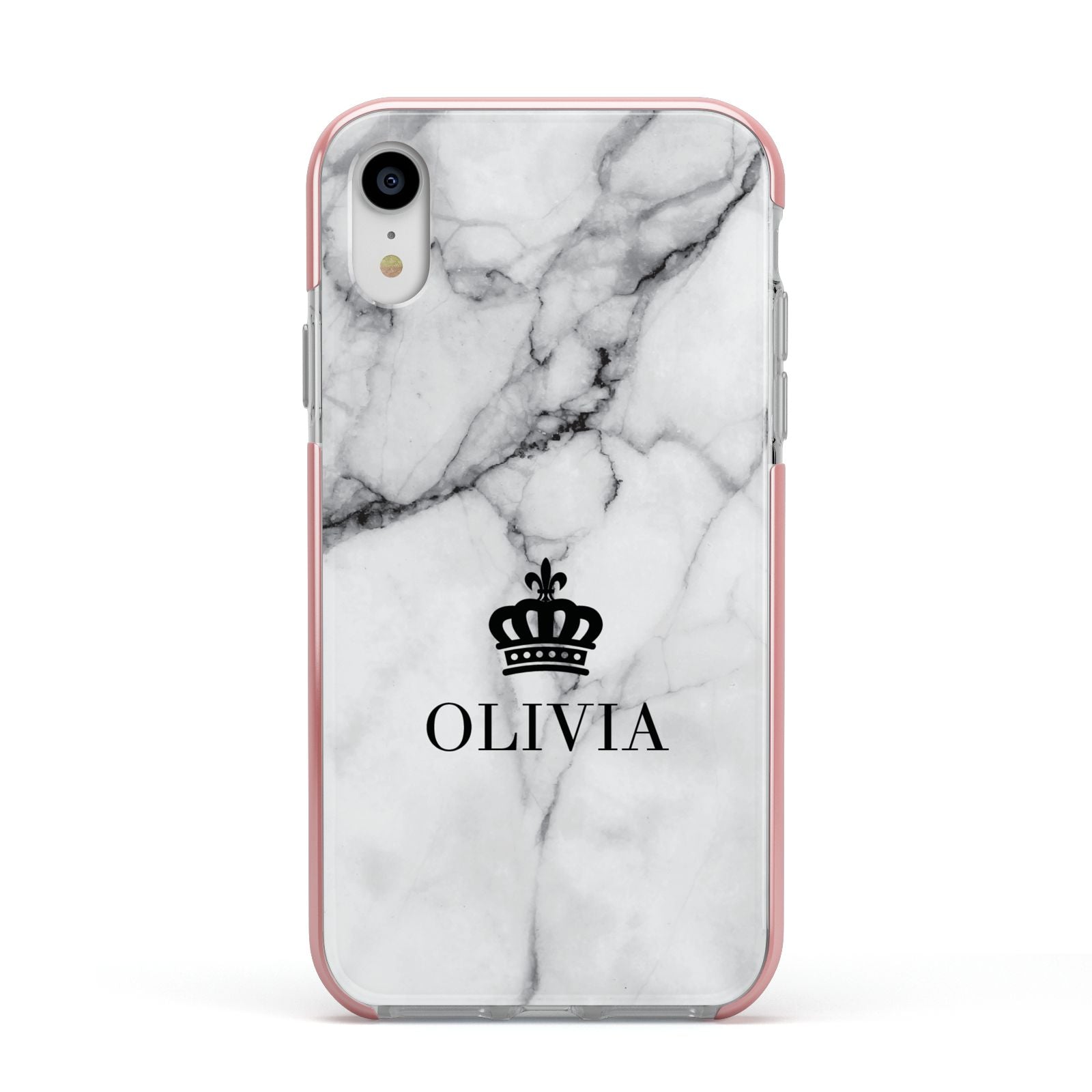 Personalised Marble Name Crown Apple iPhone XR Impact Case Pink Edge on Silver Phone