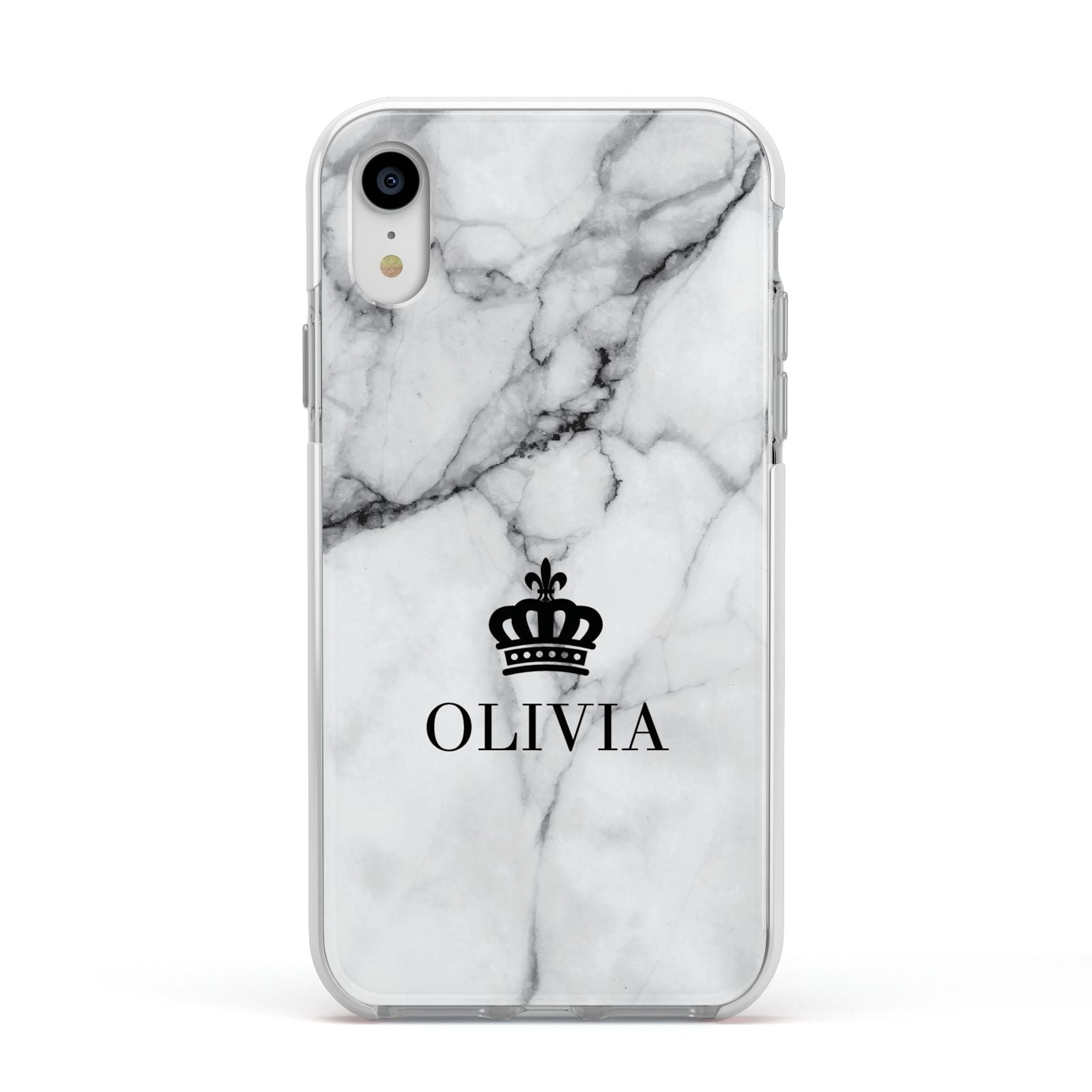 Personalised Marble Name Crown Apple iPhone XR Impact Case White Edge on Silver Phone