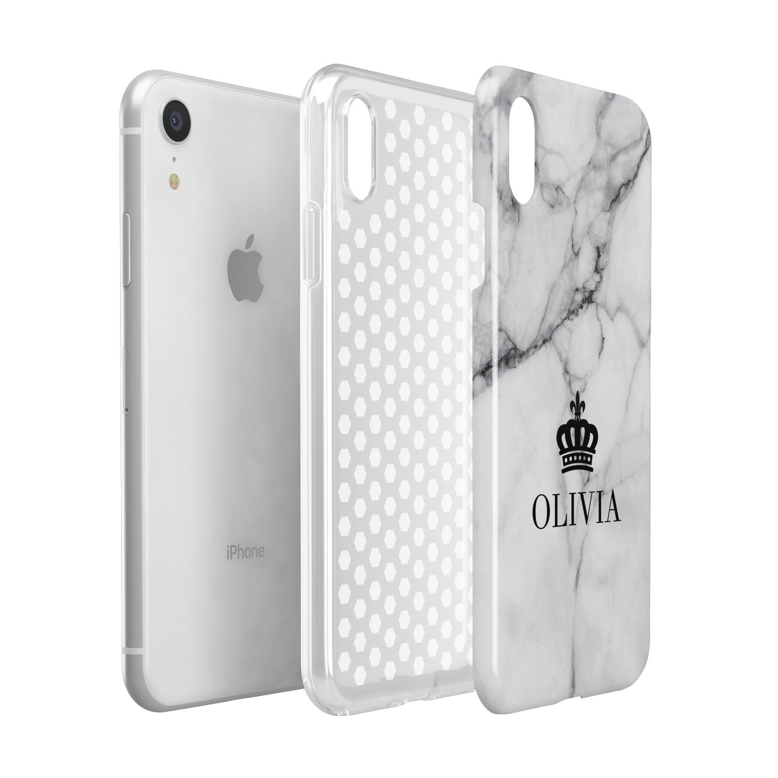 Personalised Marble Name Crown Apple iPhone XR White 3D Tough Case Expanded view