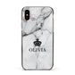 Personalised Marble Name Crown Apple iPhone Xs Impact Case Black Edge on Gold Phone
