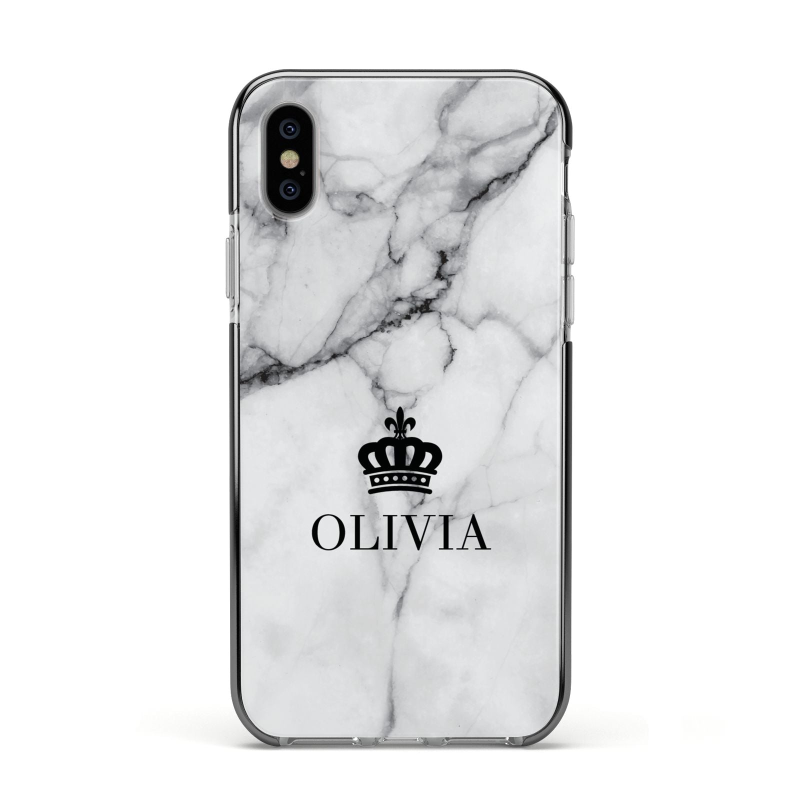 Personalised Marble Name Crown Apple iPhone Xs Impact Case Black Edge on Silver Phone