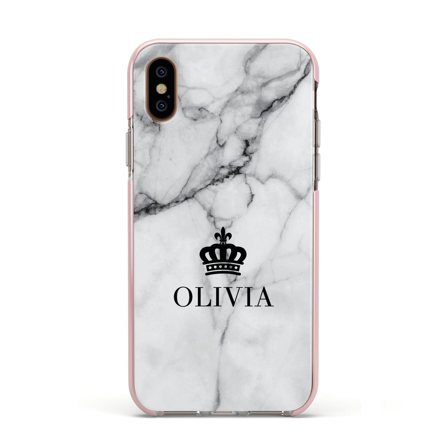 Personalised Marble Name Crown Apple iPhone Xs Impact Case Pink Edge on Gold Phone