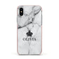 Personalised Marble Name Crown Apple iPhone Xs Impact Case Pink Edge on Silver Phone