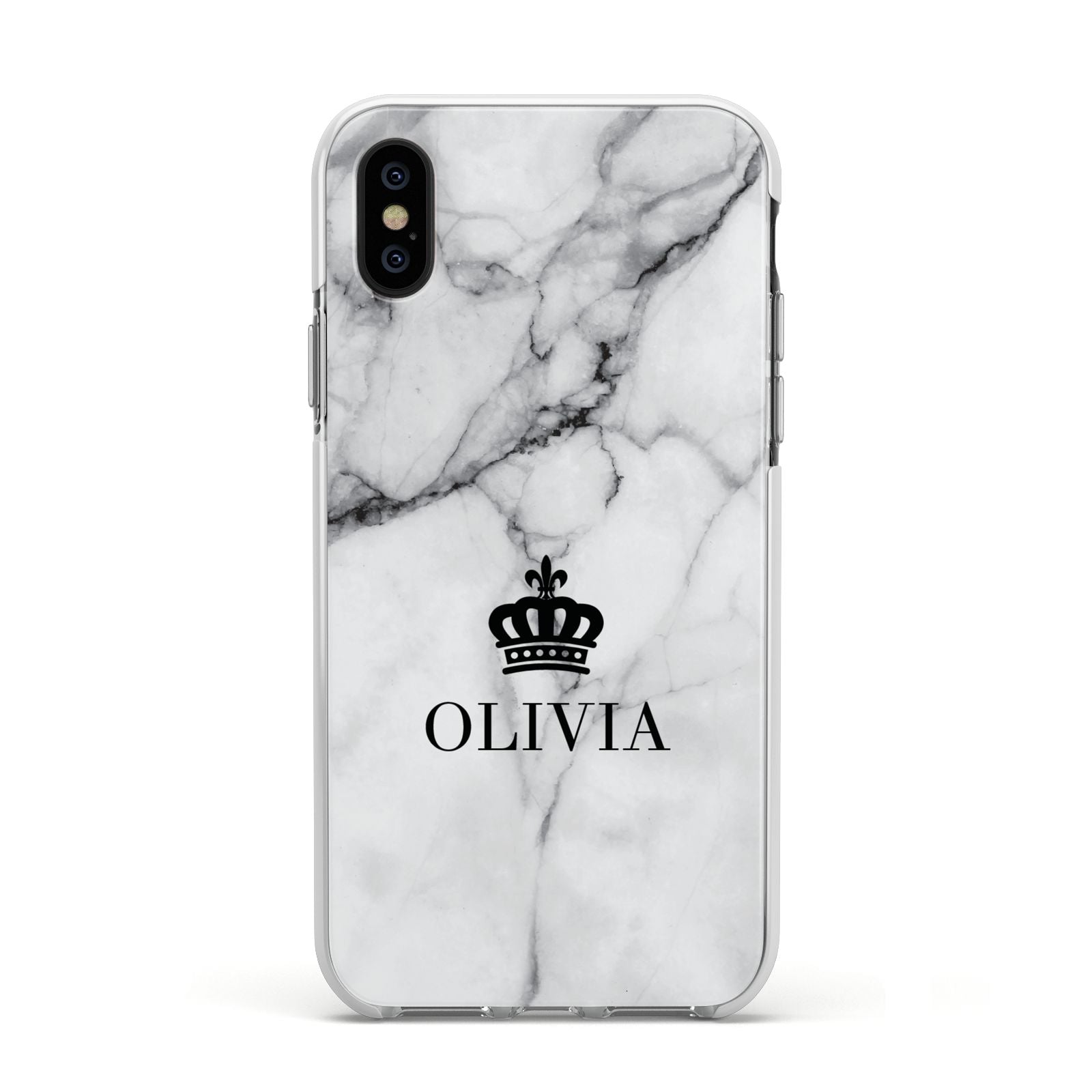 Personalised Marble Name Crown Apple iPhone Xs Impact Case White Edge on Black Phone