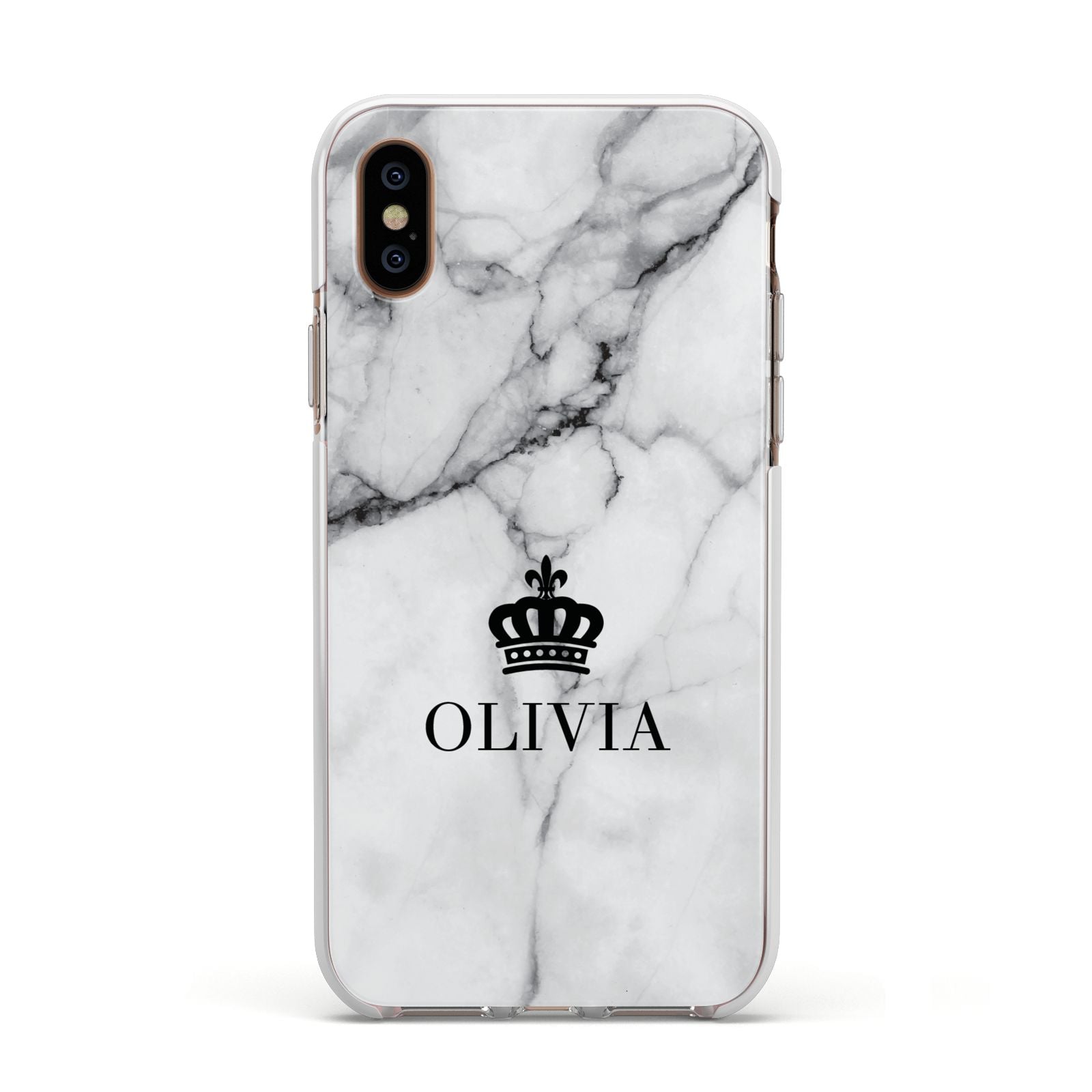 Personalised Marble Name Crown Apple iPhone Xs Impact Case White Edge on Gold Phone