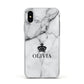 Personalised Marble Name Crown Apple iPhone Xs Impact Case White Edge on Silver Phone