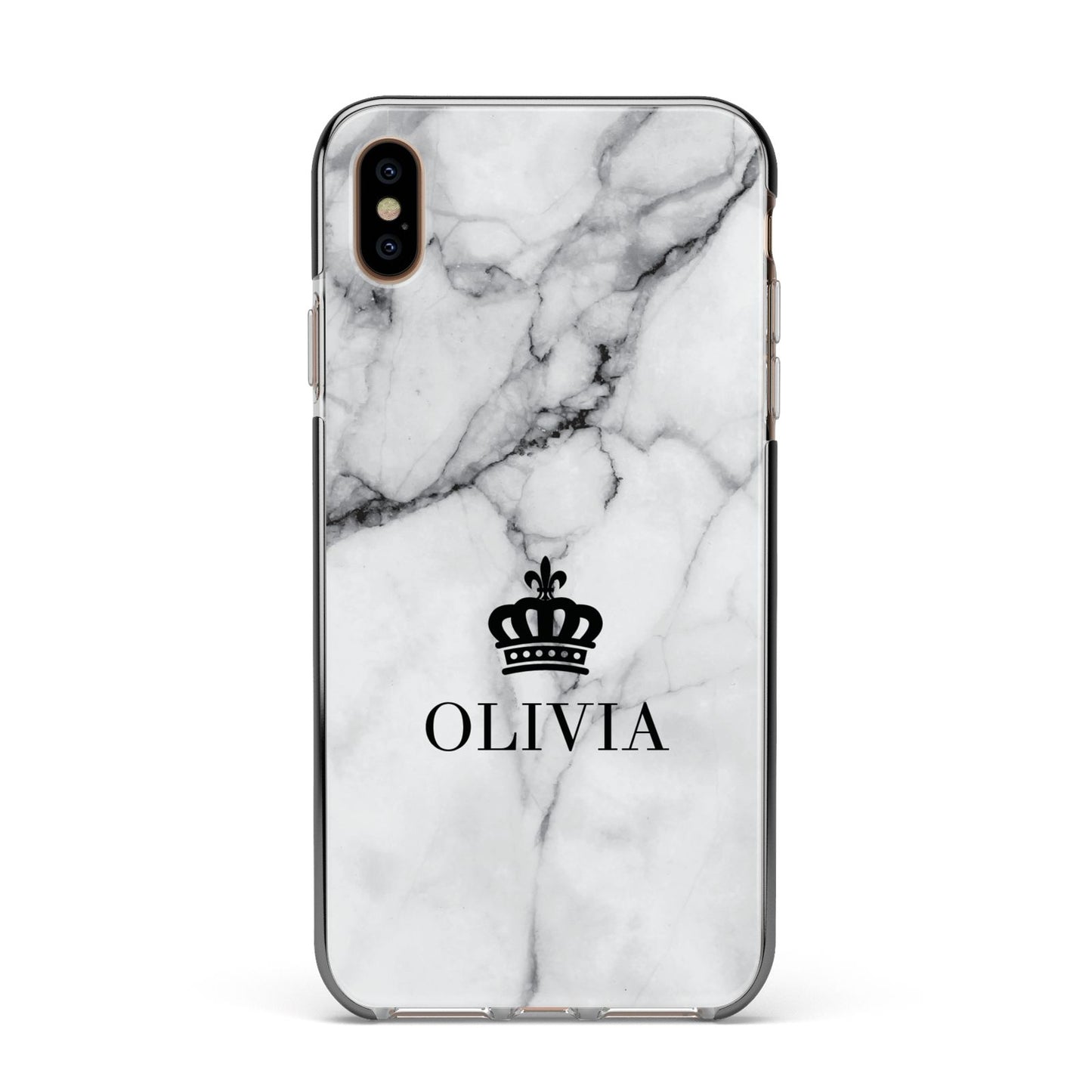 Personalised Marble Name Crown Apple iPhone Xs Max Impact Case Black Edge on Gold Phone