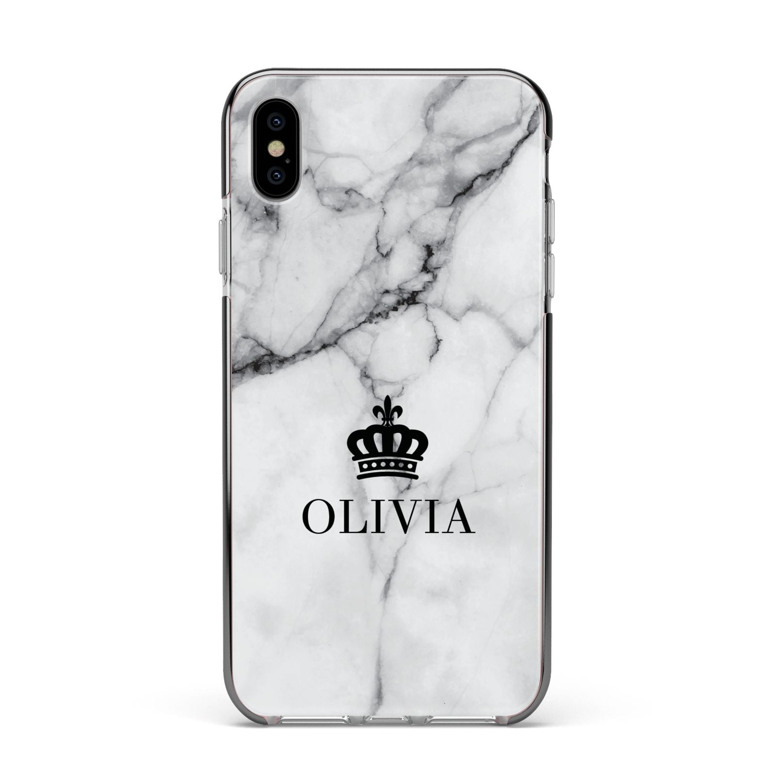 Personalised Marble Name Crown Apple iPhone Xs Max Impact Case Black Edge on Silver Phone