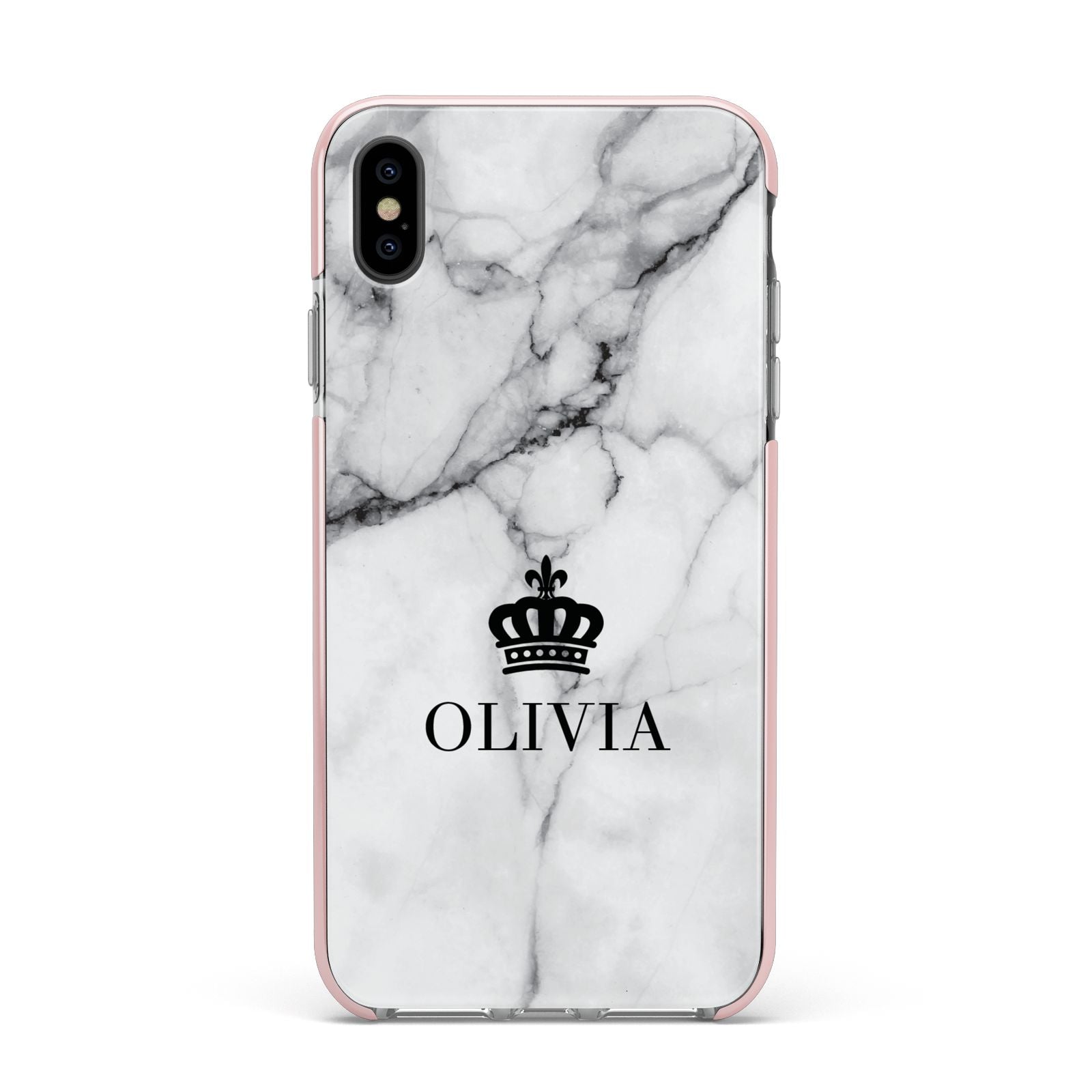 Personalised Marble Name Crown Apple iPhone Xs Max Impact Case Pink Edge on Black Phone
