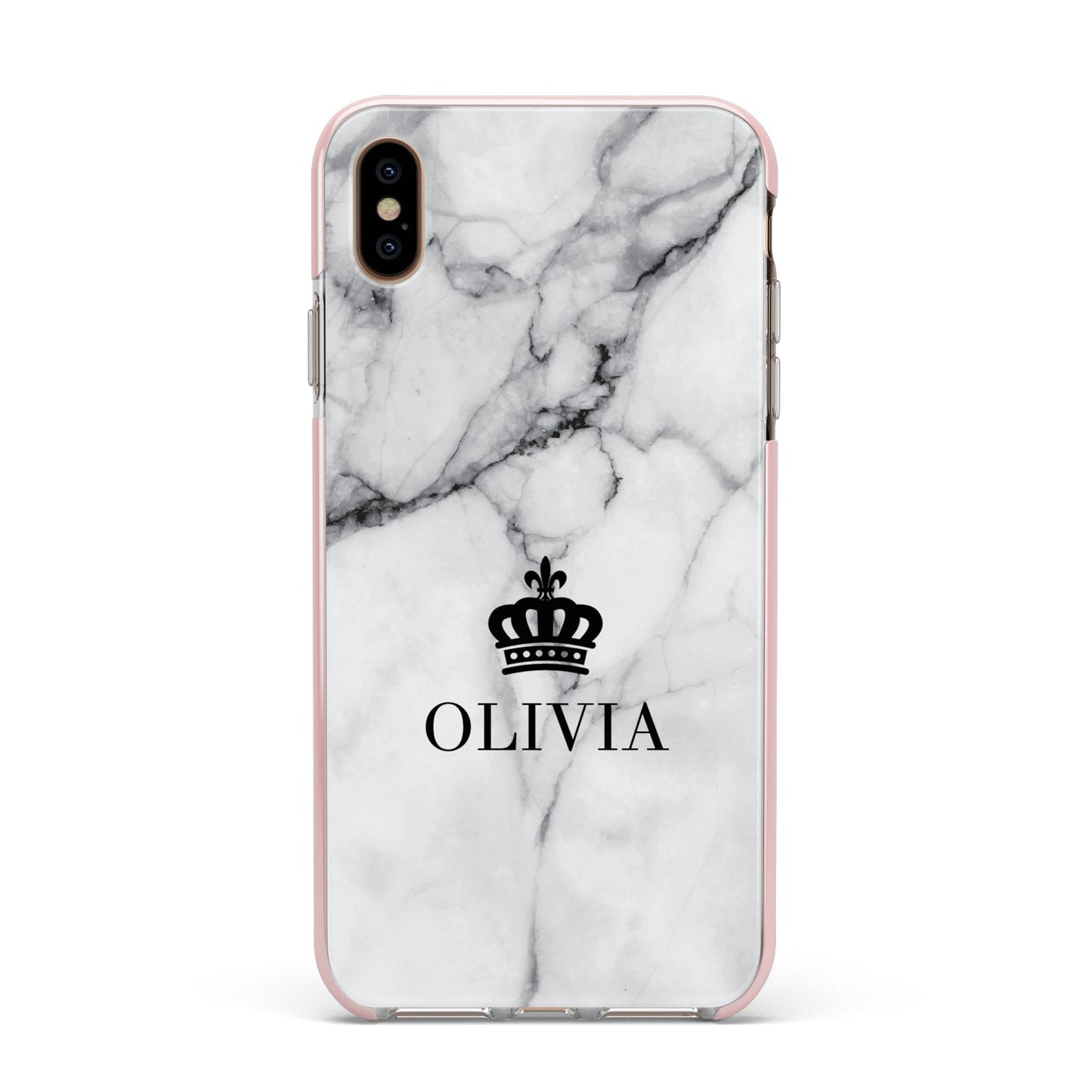Personalised Marble Name Crown Apple iPhone Xs Max Impact Case Pink Edge on Gold Phone