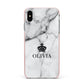 Personalised Marble Name Crown Apple iPhone Xs Max Impact Case Pink Edge on Silver Phone