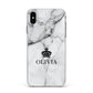 Personalised Marble Name Crown Apple iPhone Xs Max Impact Case White Edge on Black Phone