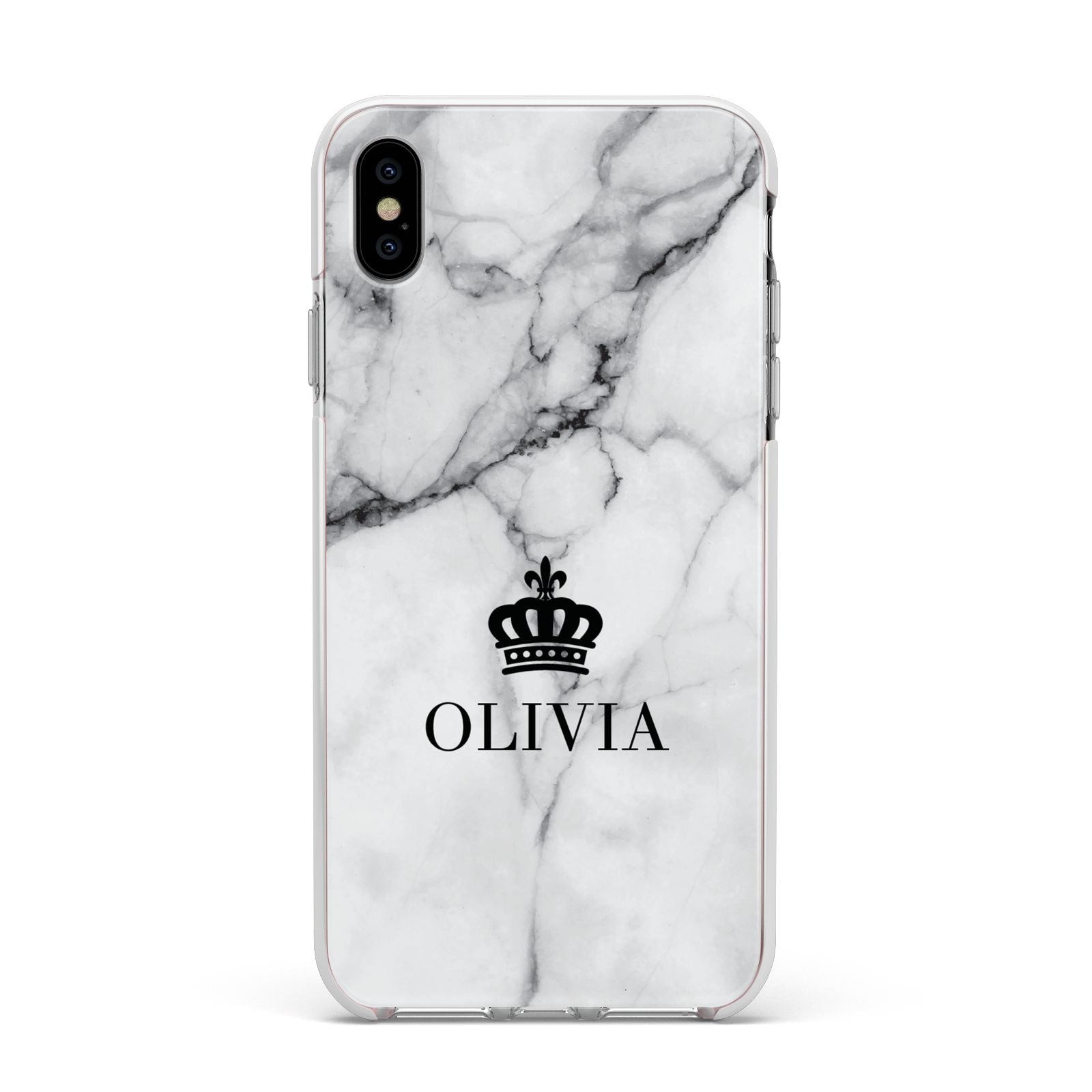 Personalised Marble Name Crown Apple iPhone Xs Max Impact Case White Edge on Silver Phone