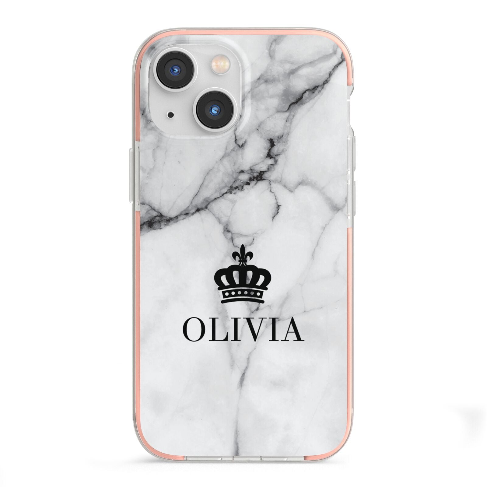 Personalised Marble Name Crown iPhone 13 Mini TPU Impact Case with Pink Edges