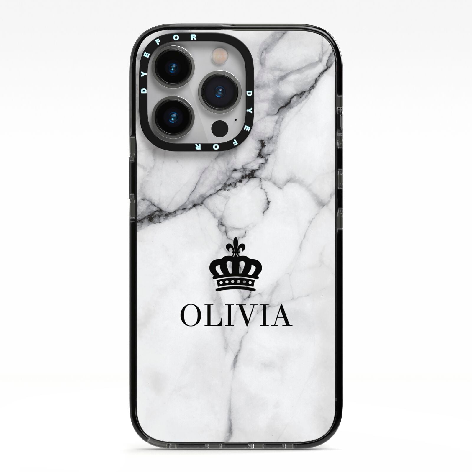 Personalised Marble Name Crown iPhone 13 Pro Black Impact Case on Silver phone