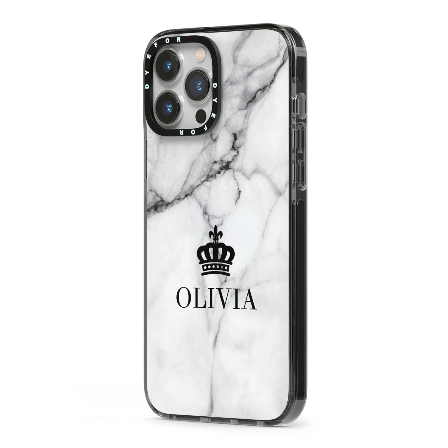 Personalised Marble Name Crown iPhone 13 Pro Max Black Impact Case Side Angle on Silver phone
