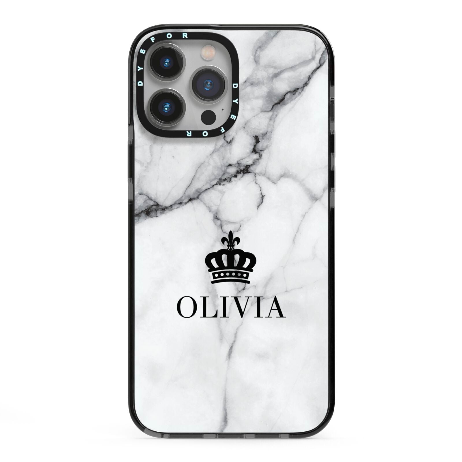 Personalised Marble Name Crown iPhone 13 Pro Max Black Impact Case on Silver phone