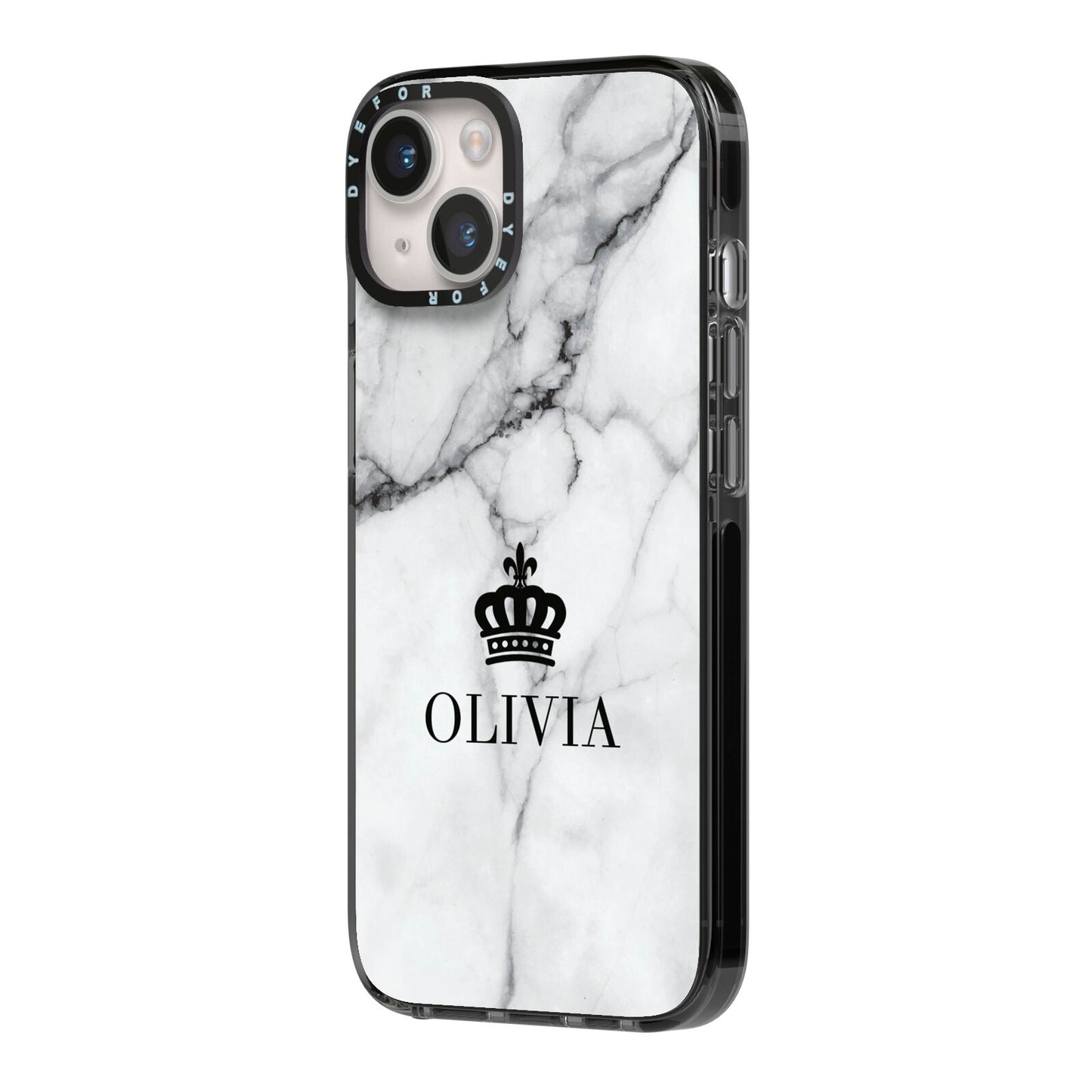 Personalised Marble Name Crown iPhone 14 Black Impact Case Side Angle on Silver phone