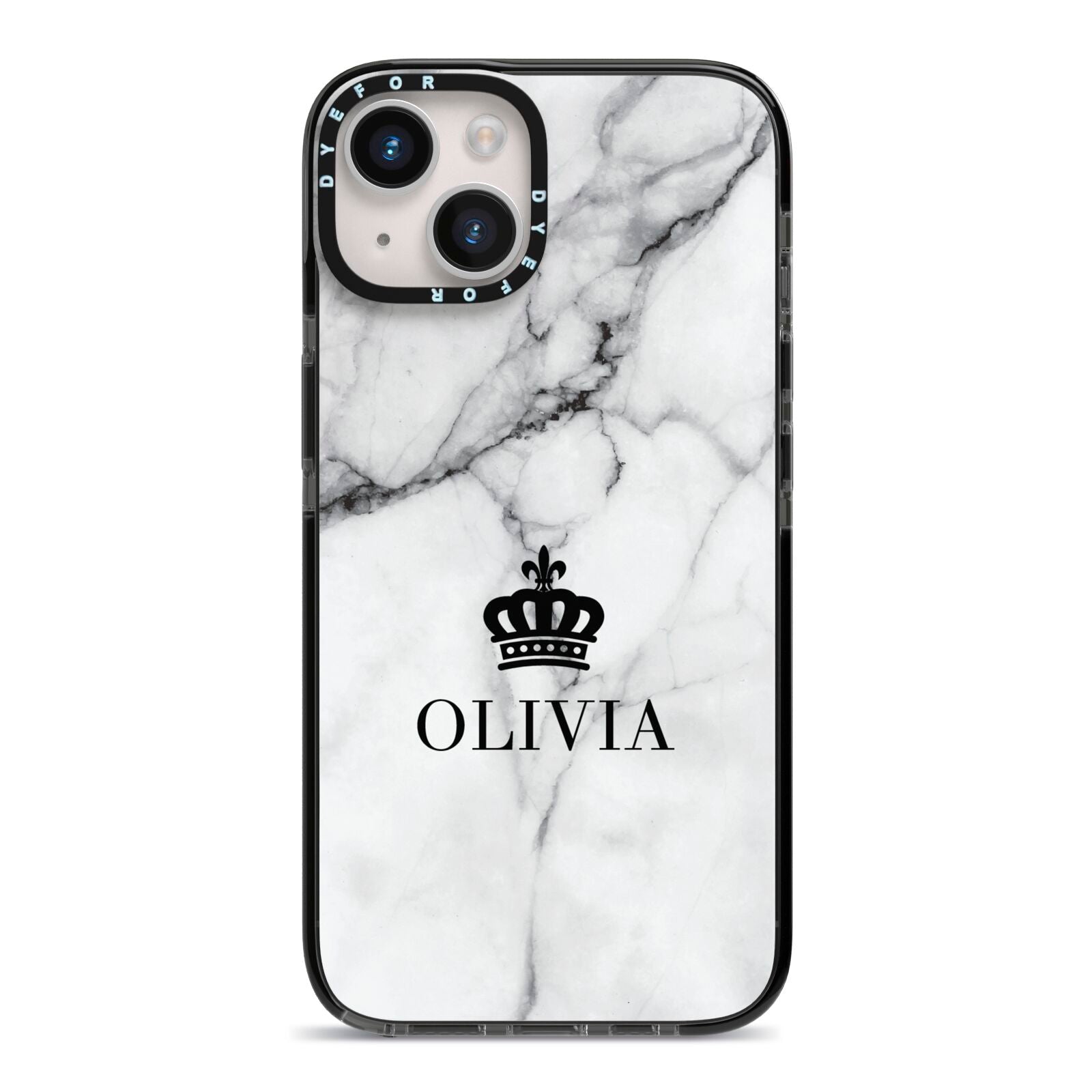 Personalised Marble Name Crown iPhone 14 Black Impact Case on Silver phone